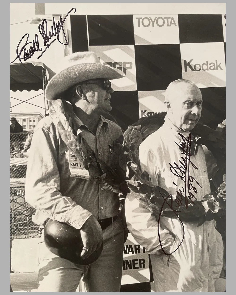 1976 Long Beach Grand Prix b&w photograph by Fernando Gomez, autographed by 6 drivers