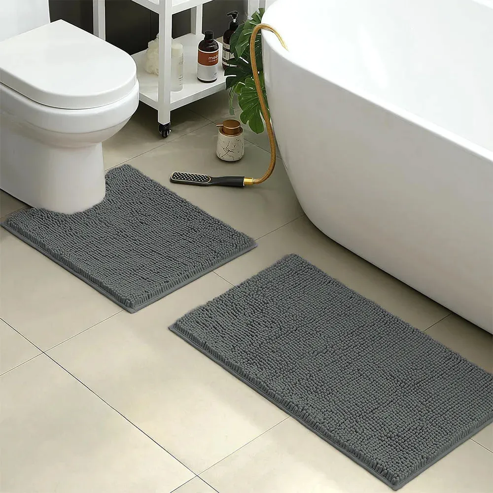 2 PCs Microfiber Anti Slip Commode Mat Set-14641Dark Grey