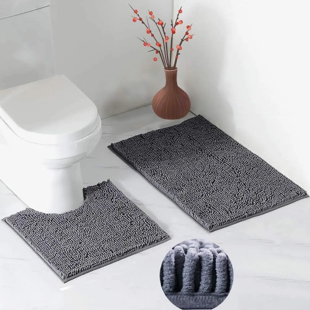 2 PCs Microfiber Anti Slip Commode Mat Set-14641Dark Grey