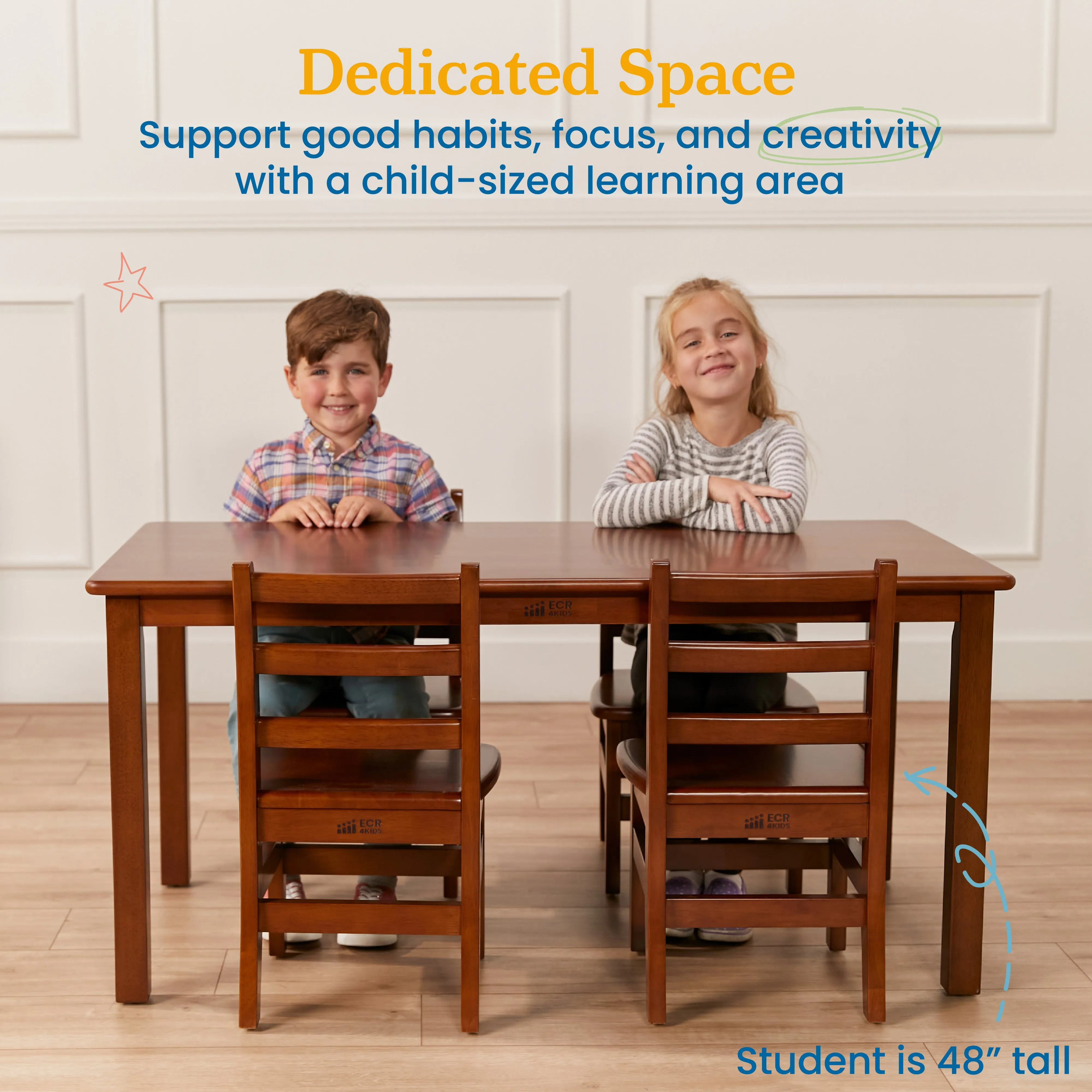 24in x 48in Rectangular Hardwood Table and Chair Set, 12in Seat Height, Kids Furniture