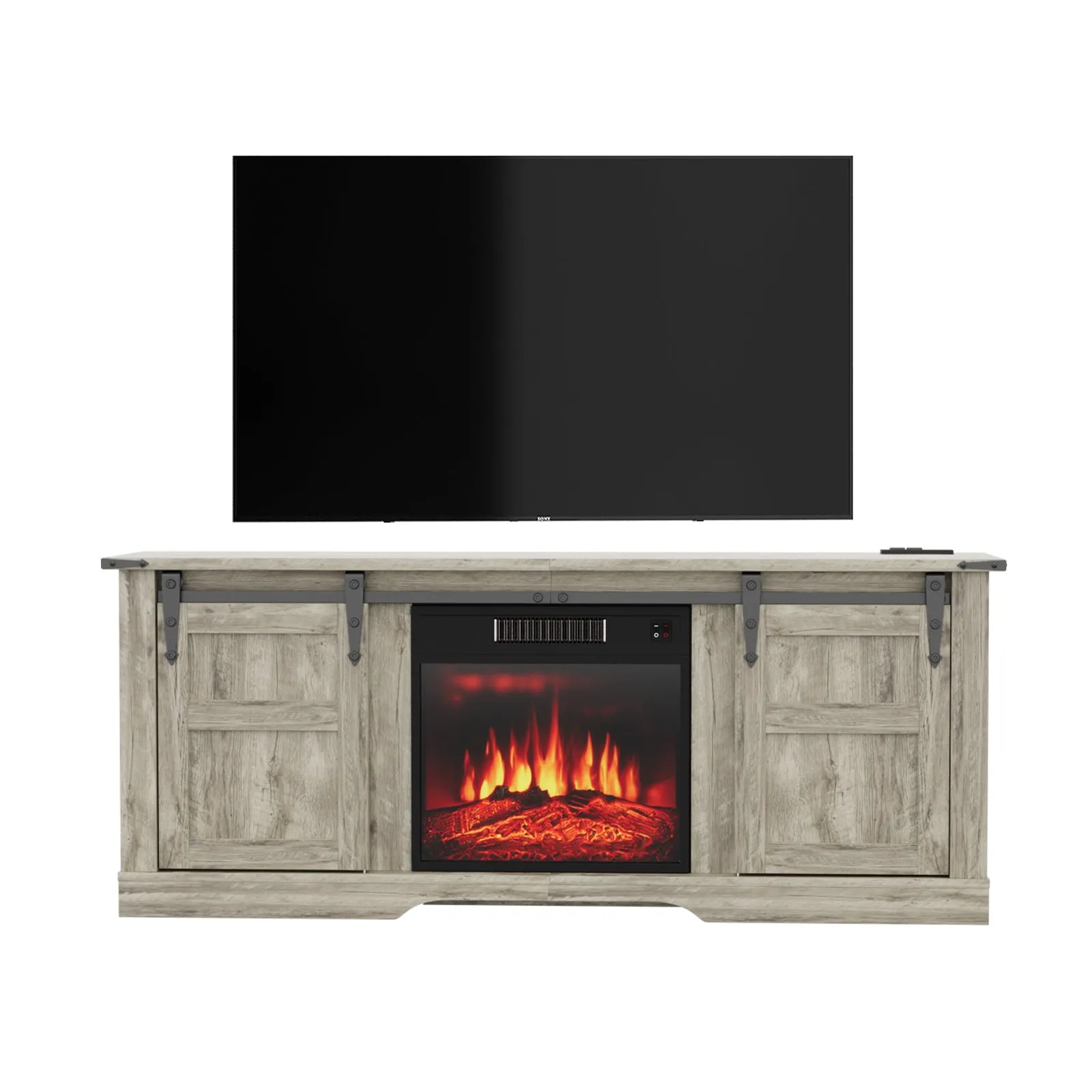 58" Farmhouse Fireplace TV Stand with Sliding Barn Door Cabinet