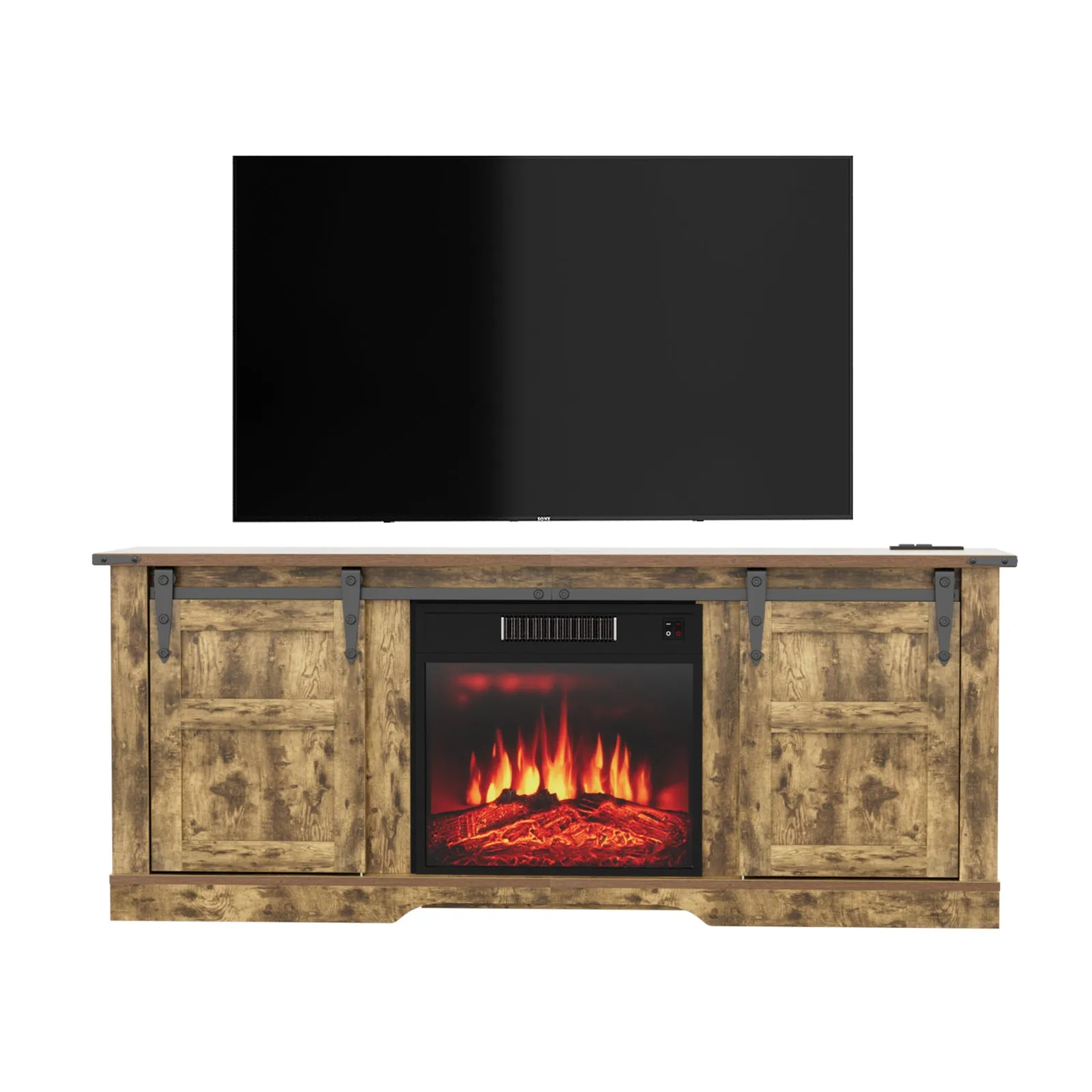 58" Farmhouse Fireplace TV Stand with Sliding Barn Door Cabinet