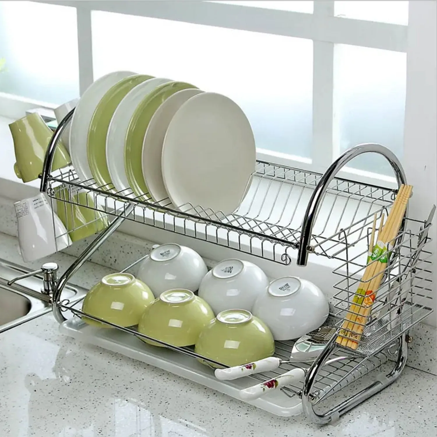 7665 Two Layer Dish Drying Rack with Drain Board Dish Rack with Utensil Holder