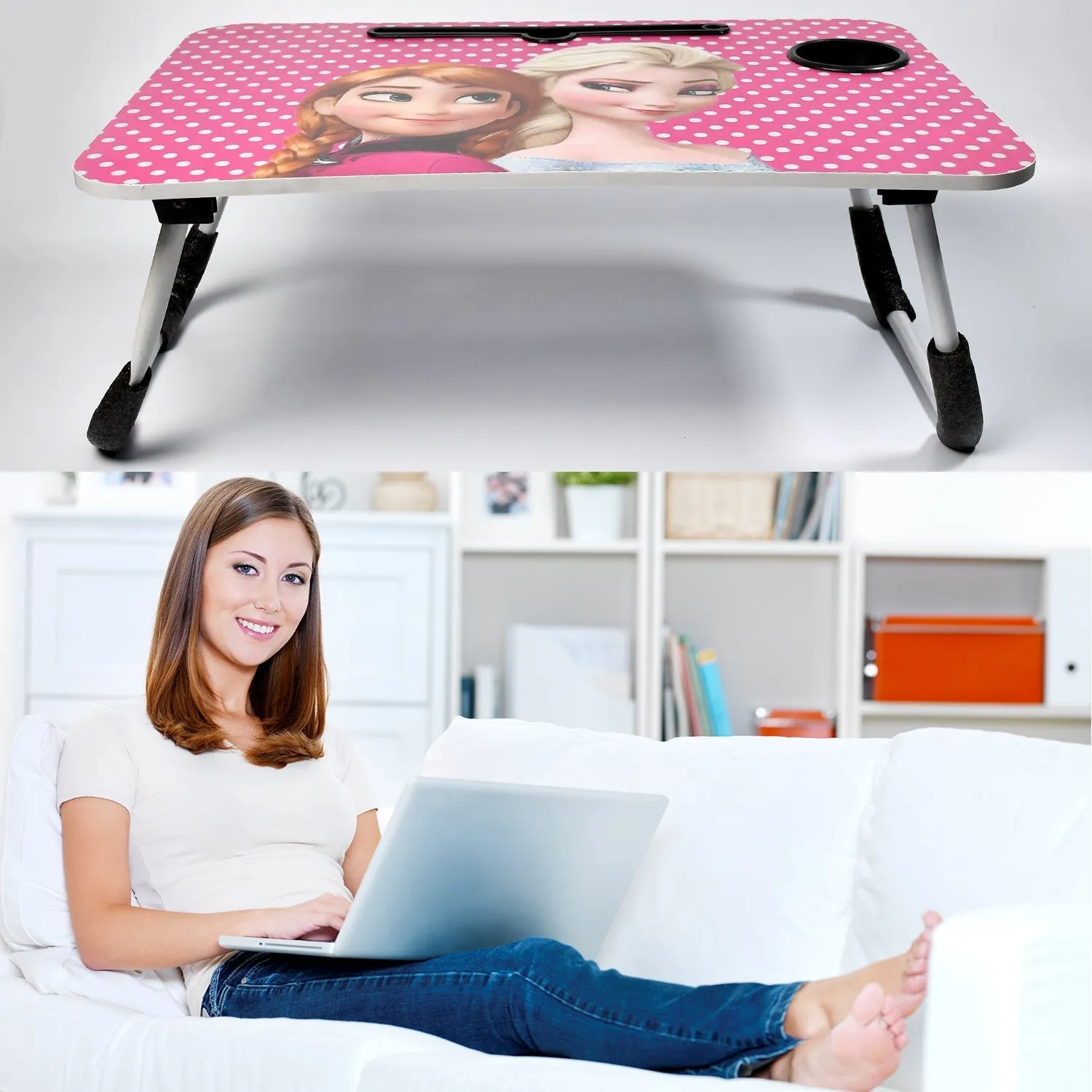 7694 Barbie Design Foldable Bed Study Table Portable Multifunction Laptop Table Lapdesk for Children Bed Foldable Table Work Office Home with Tablet Slot & Cup Holder