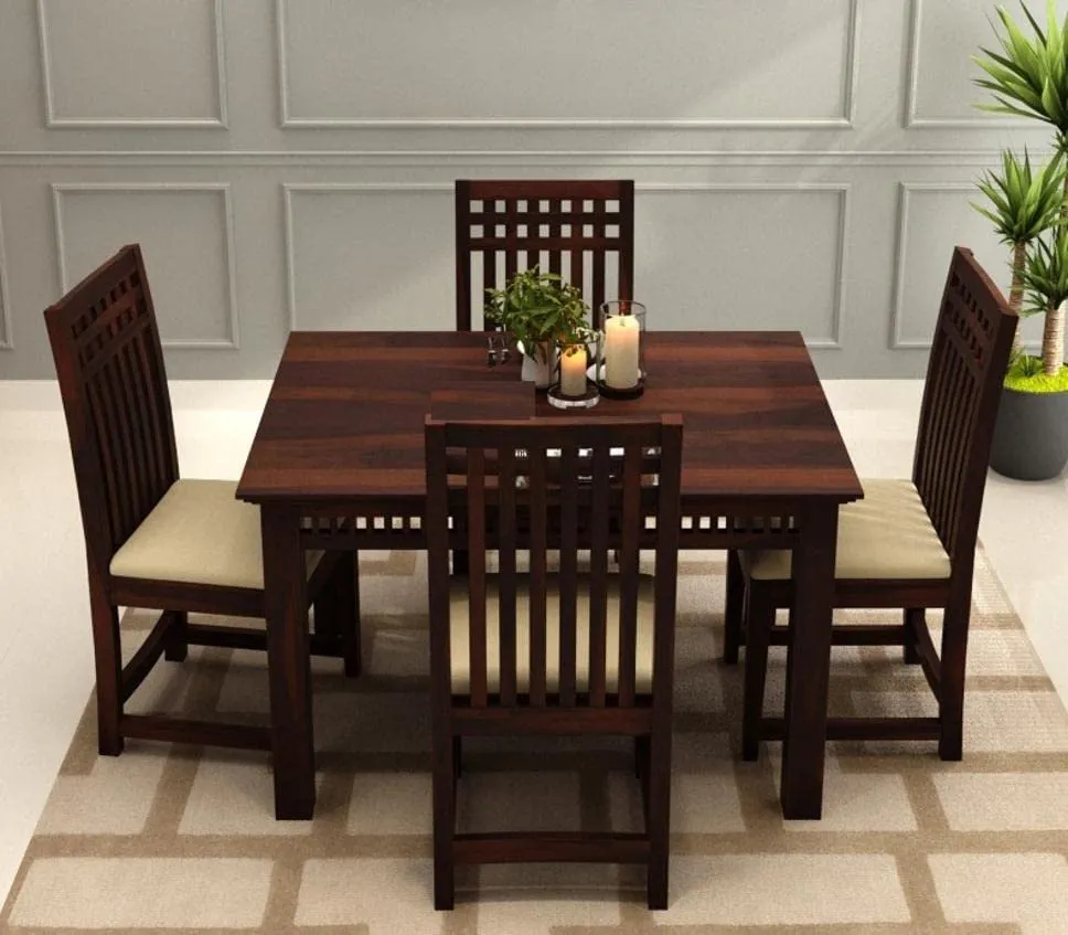 AADITYA WOODS Solid Sheesham Wood Four Seater Dining Table Set with 4 Chairs for Living Room Home Wooden 4 Seater Dining Table Set for Office Restaurant Modern Dining Room Set- Natural & Beige