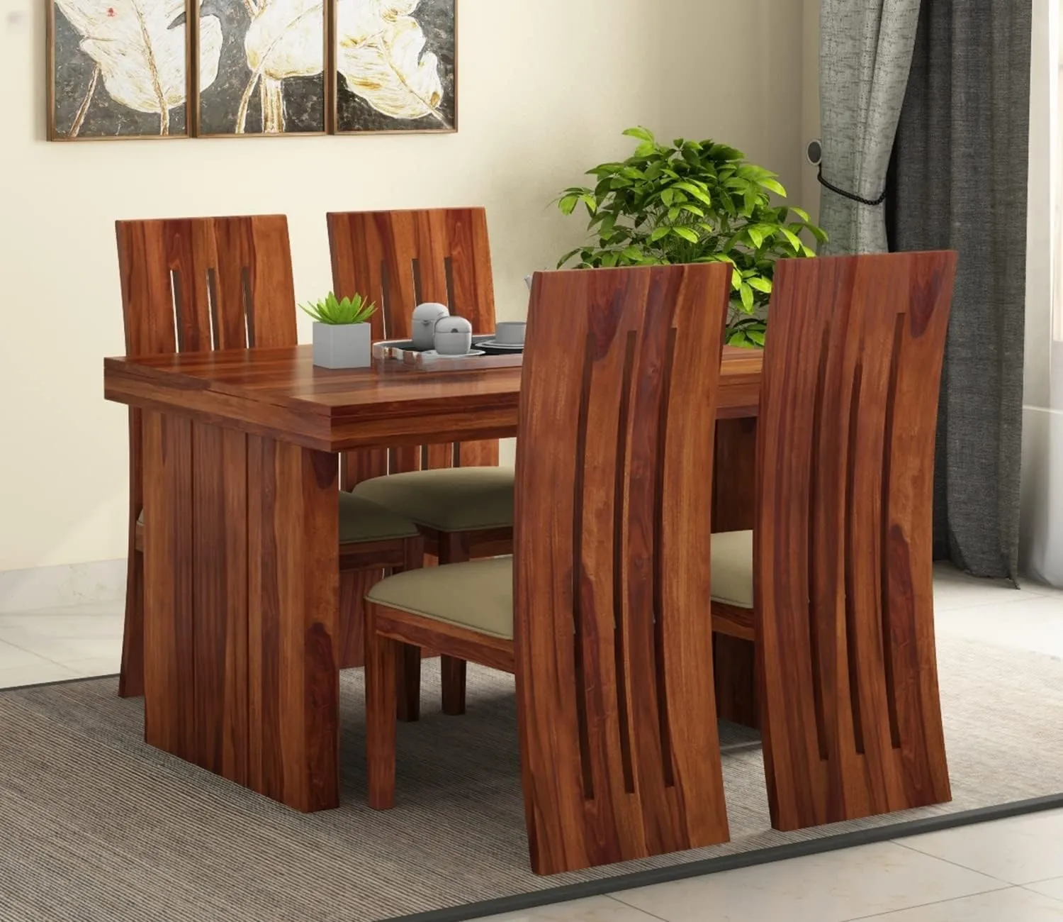 APANA TIMBER™ Solid Sheesham Wood Dining Table 4 Seater Dining Table with Chairs | Dining Table Set | Dining Room Furniture | Four Seater Dining Set | 4 Seater | Honey Finish