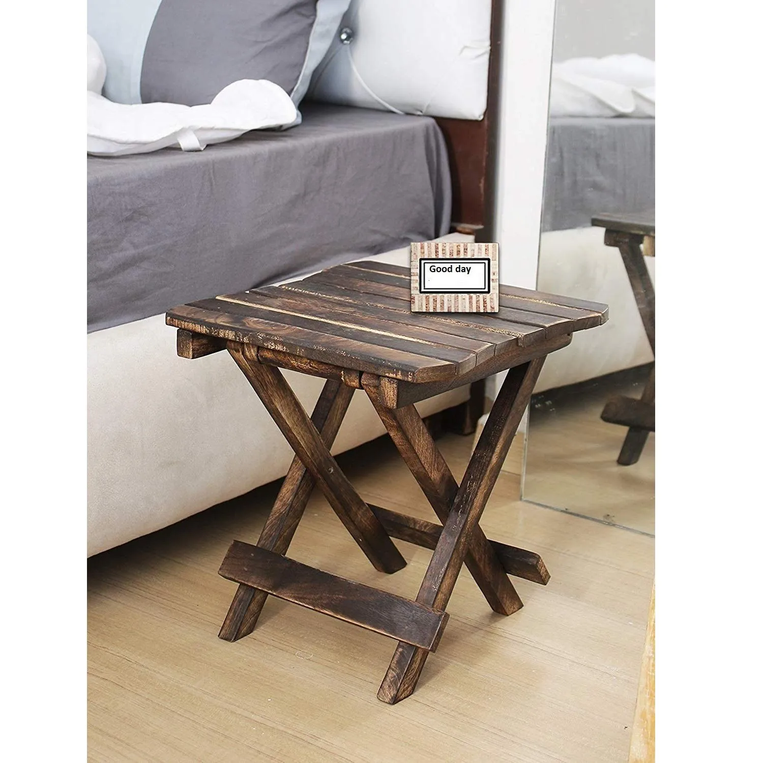 Beyond Collection Wooden Foldable Adjustable Side Table/End Table/Coffee Table/Plant Stand/Outdoor Table/Stool 12Inch. (Brown)