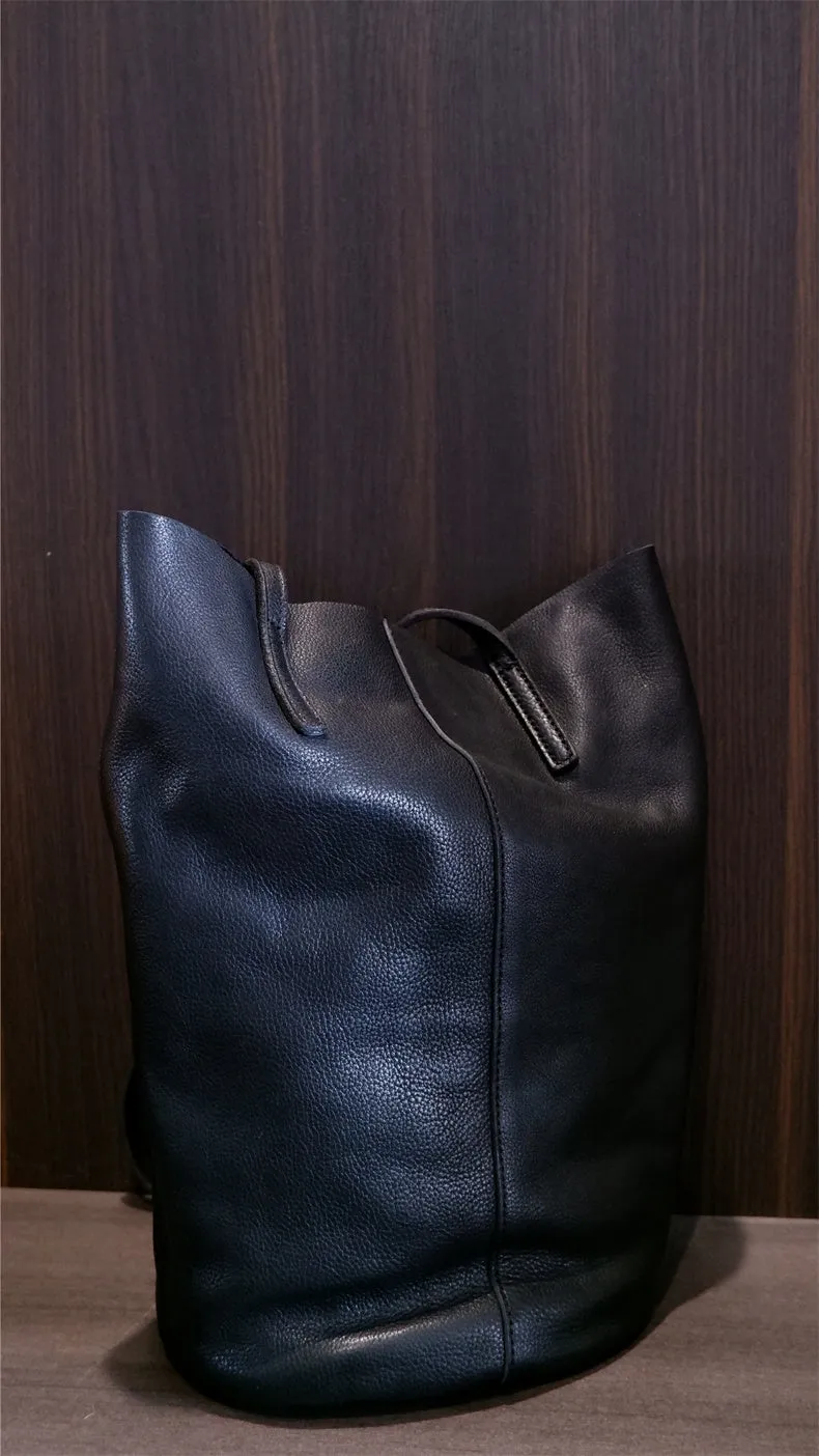 Black Womens Leather Bucket Tote Purse Womens Barrel Tote Shoulder Bag for Ladies