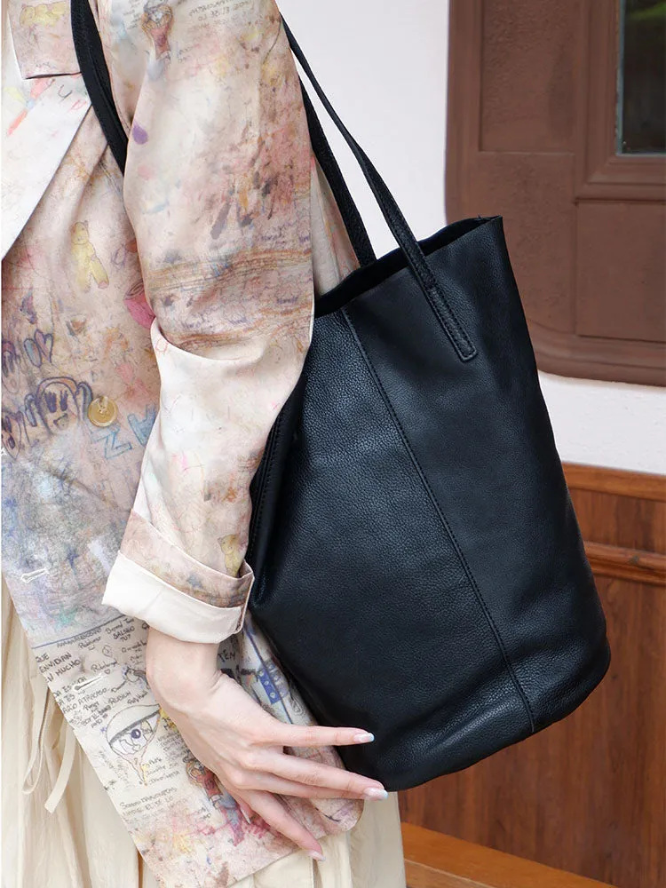 Black Womens Leather Bucket Tote Purse Womens Barrel Tote Shoulder Bag for Ladies