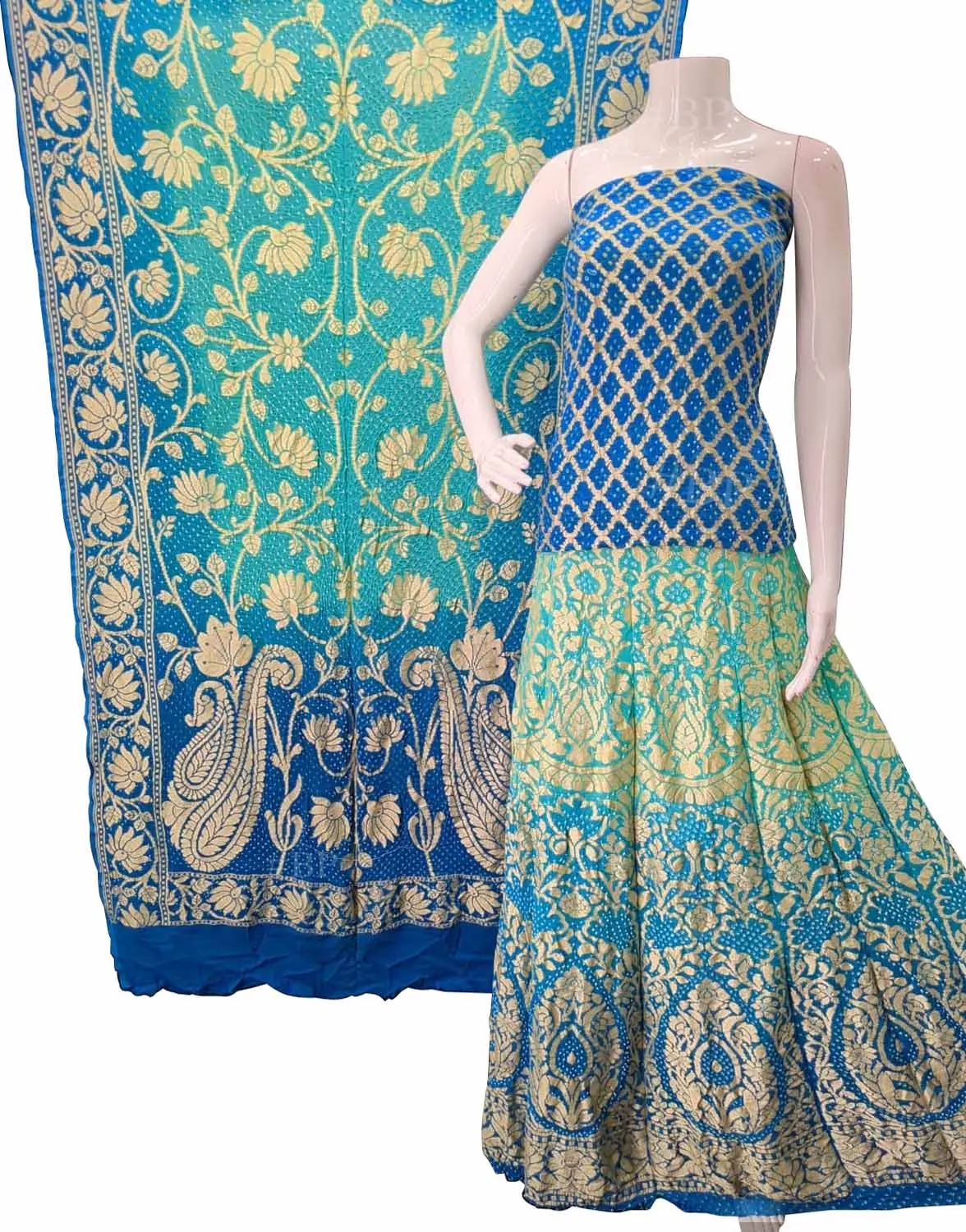 Blue Banarasi Bandhani Pure Georgette Unstitched Lehenga Set