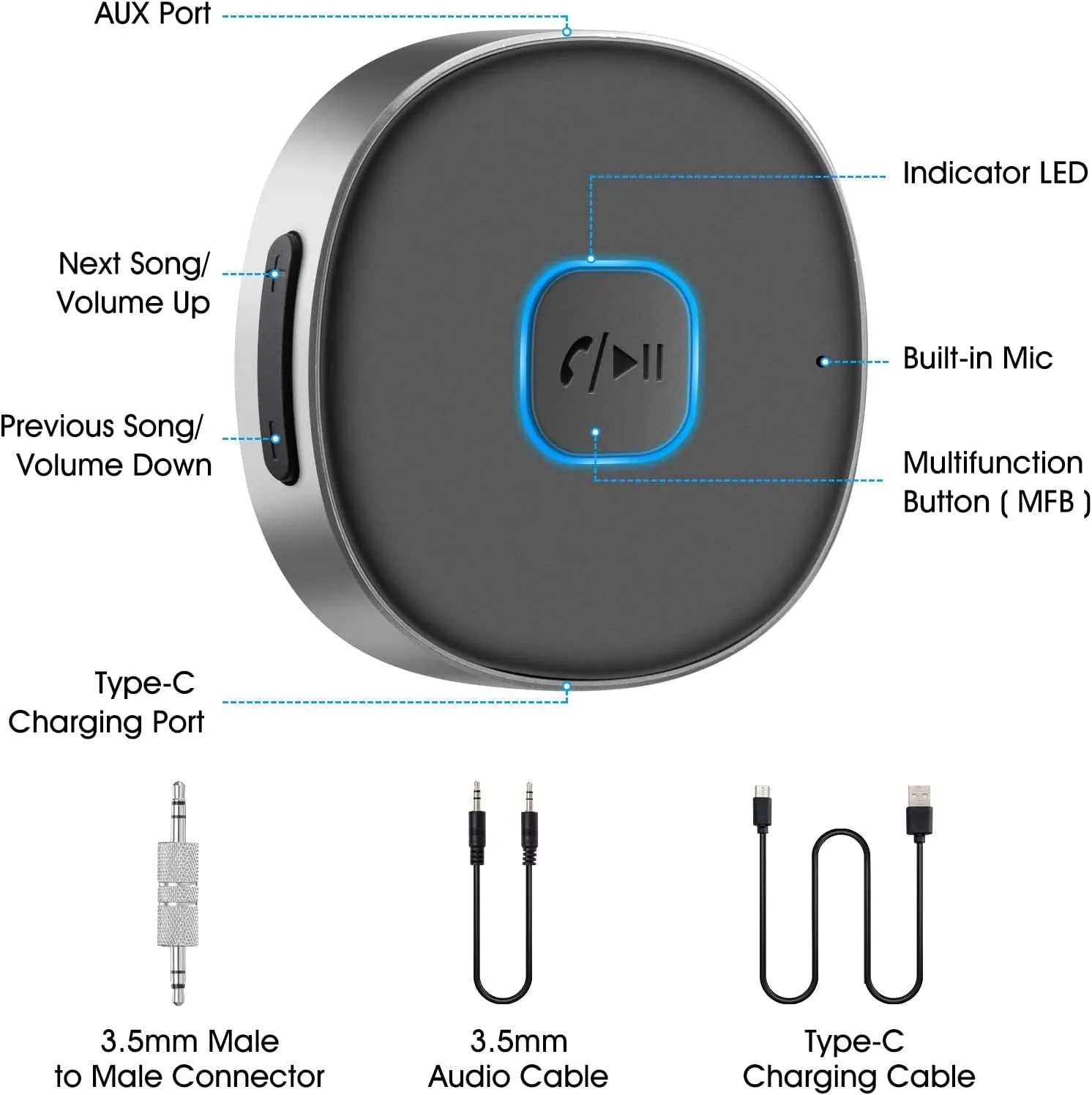 Bluetooth Aux Receiver for Car, Bluetooth 5.0 Wireless Audio Receiver for Car /Home Stereo/Wired Headphones/Speaker, 16H Battery Life 3.5Mm AUX Receiver for Hands-Free Calling and Music Playing