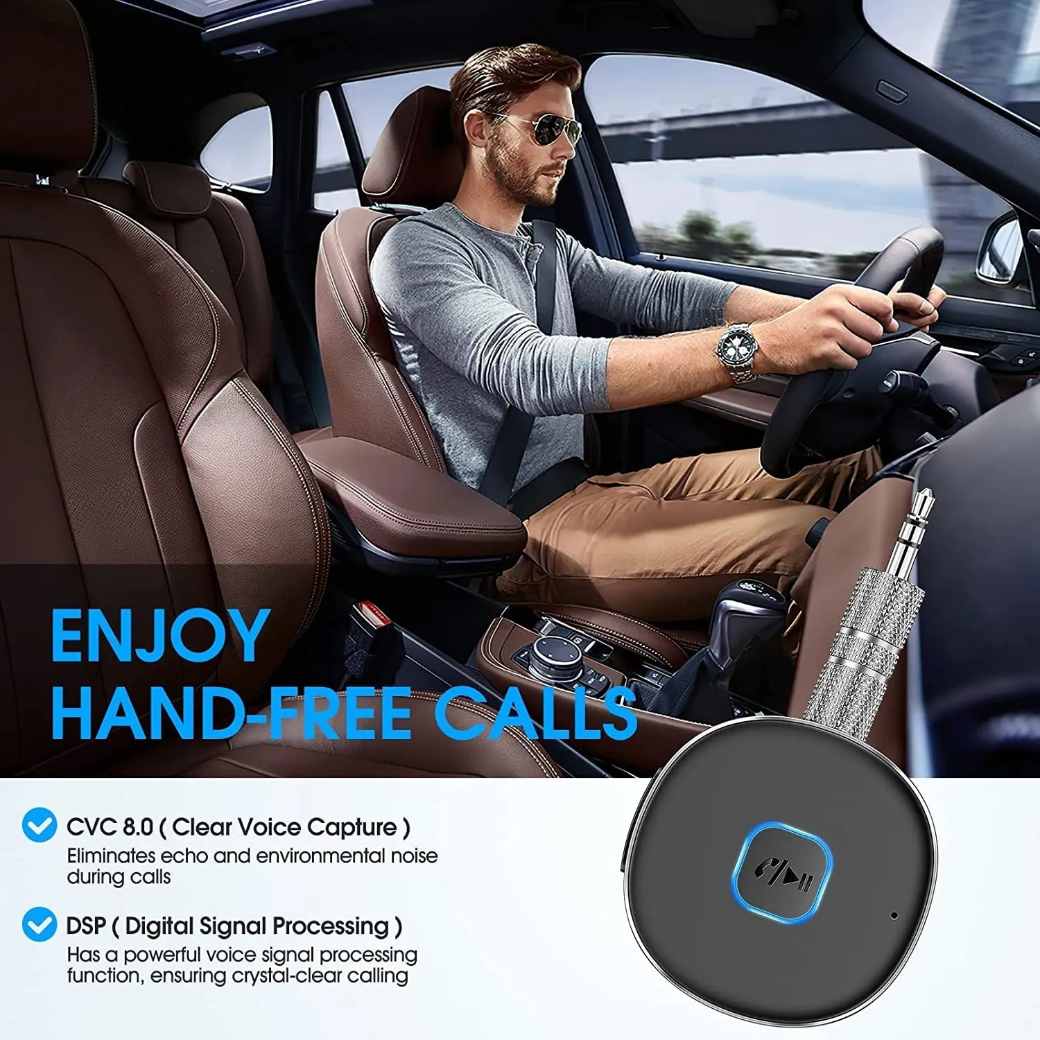 Bluetooth Aux Receiver for Car, Bluetooth 5.0 Wireless Audio Receiver for Car /Home Stereo/Wired Headphones/Speaker, 16H Battery Life 3.5Mm AUX Receiver for Hands-Free Calling and Music Playing