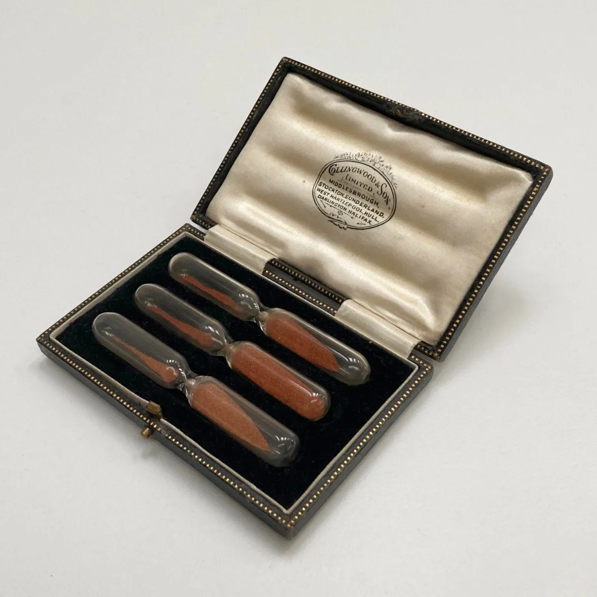 Cased Set of Sand timers by Collingwood & Son for Barnes Welch & Barnes Auctioneers