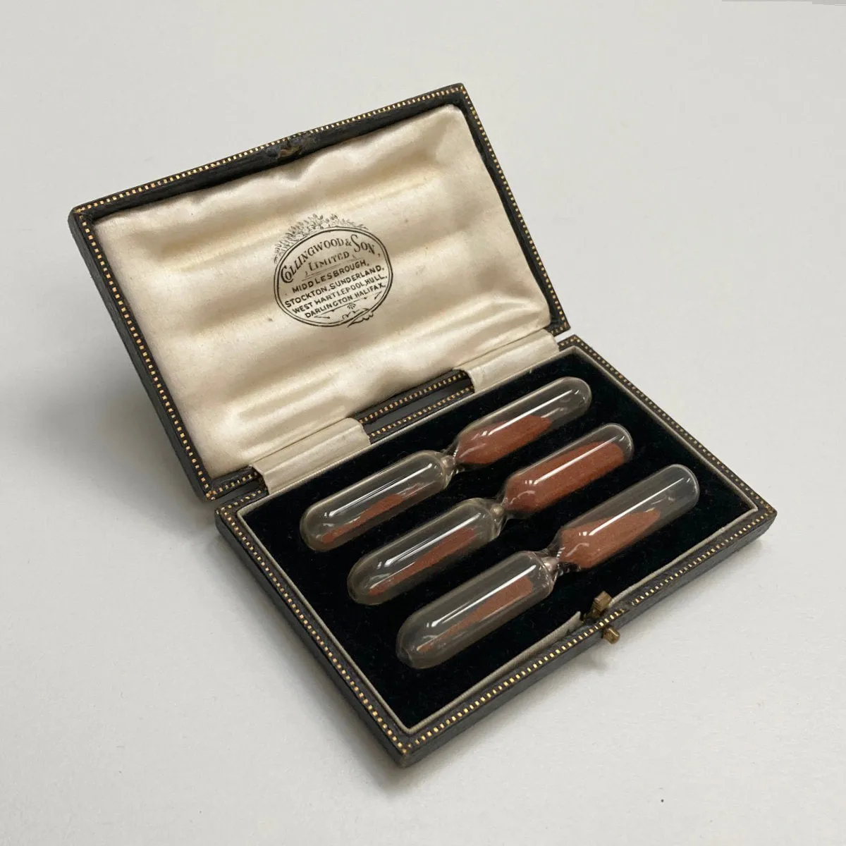 Cased Set of Sand timers by Collingwood & Son for Barnes Welch & Barnes Auctioneers