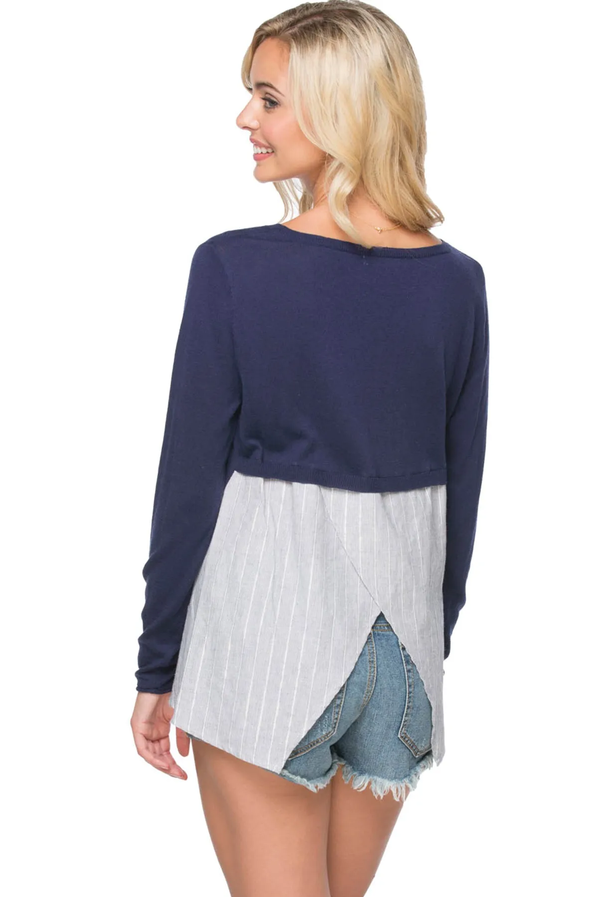 Cross Back Pullover Sweater Knit - with Woven Mix Panels