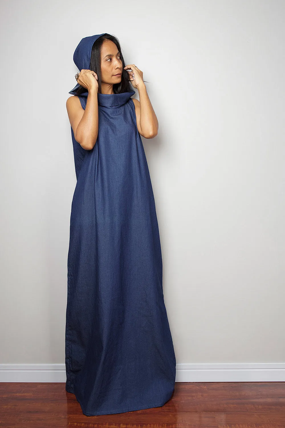 Denim Dress / Sleeveless Blue Dress with hood / Long Blue Denim Dress  : The Soul of the Orient Collection No.4