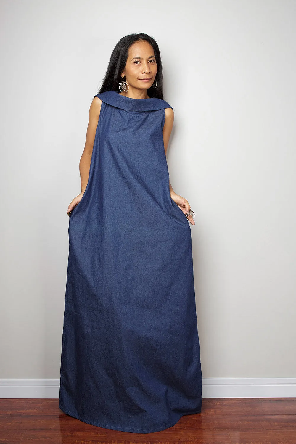 Denim Dress / Sleeveless Blue Dress with hood / Long Blue Denim Dress  : The Soul of the Orient Collection No.4