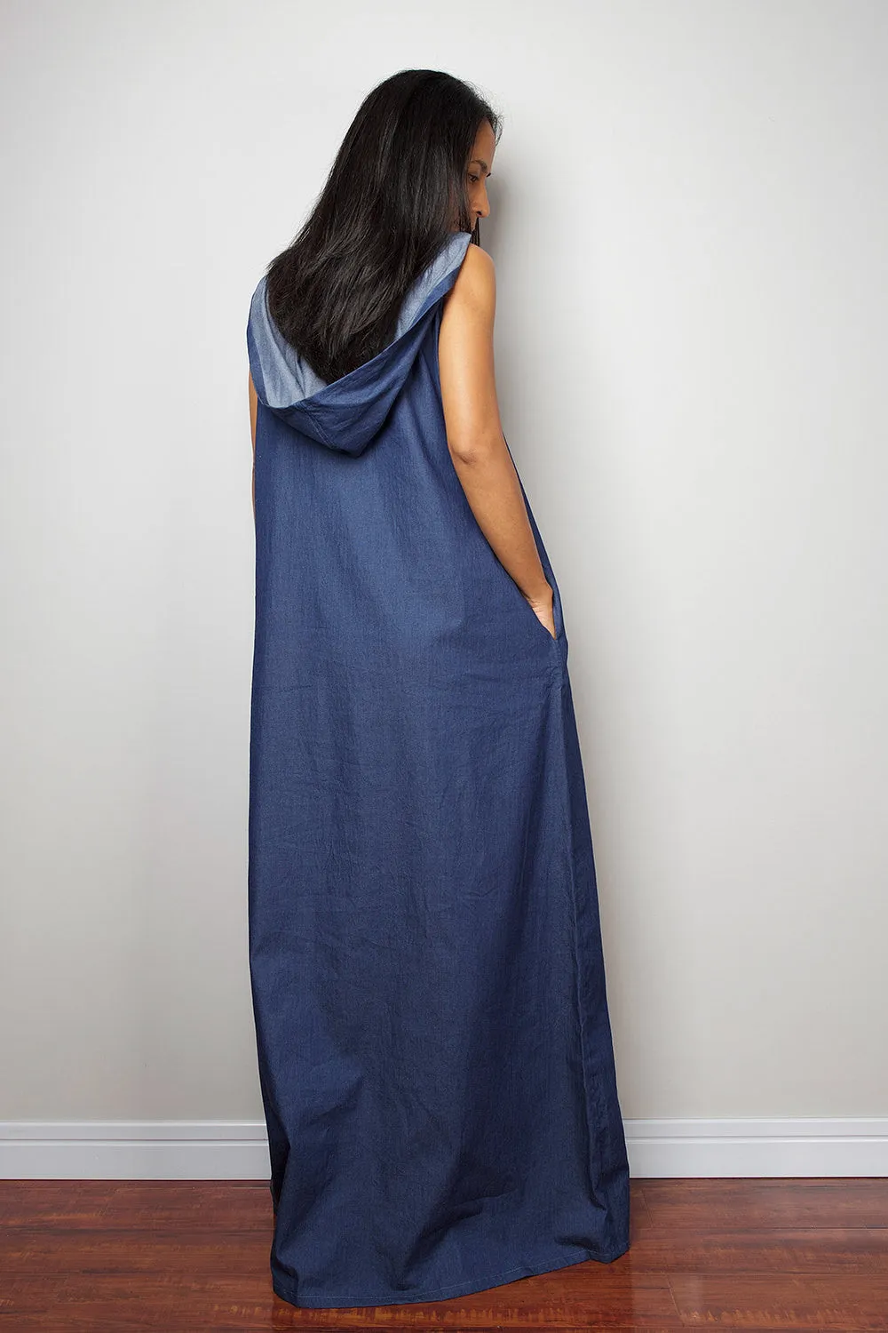 Denim Dress / Sleeveless Blue Dress with hood / Long Blue Denim Dress  : The Soul of the Orient Collection No.4