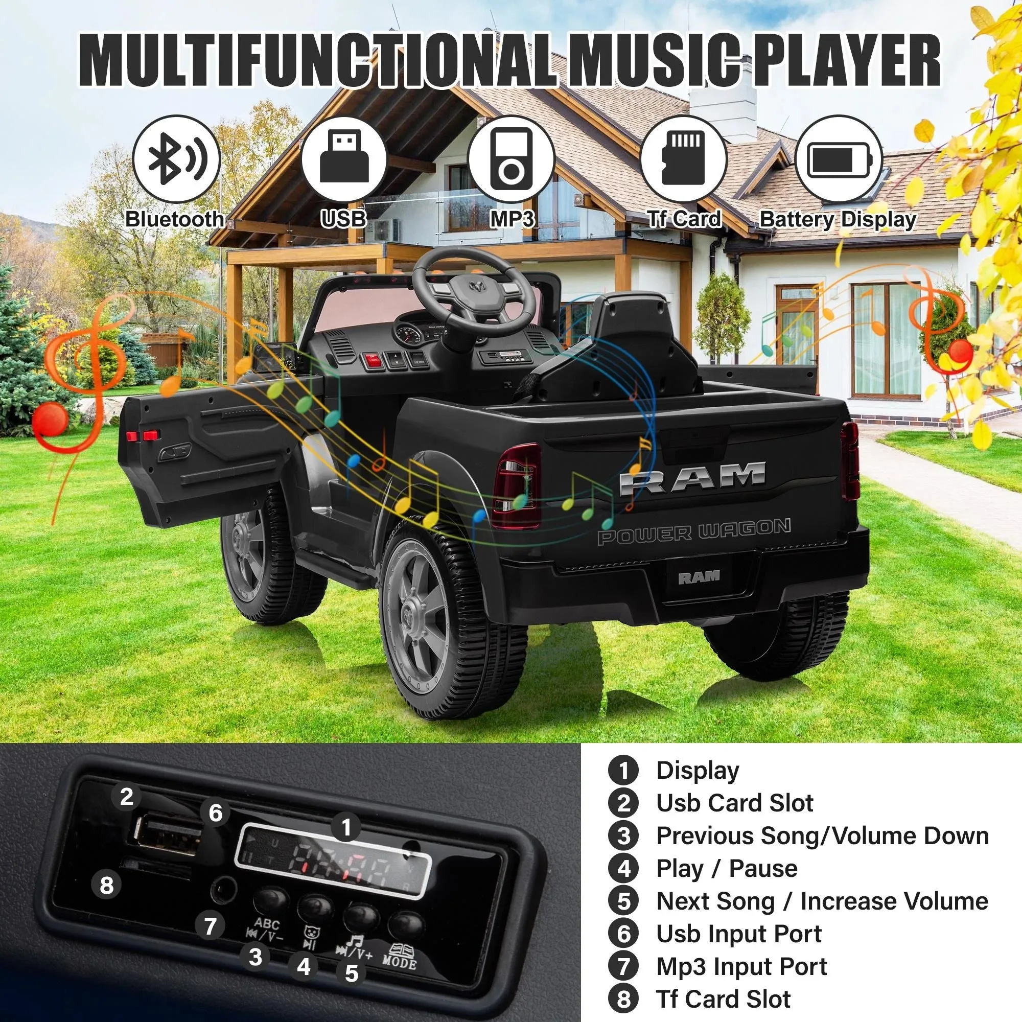 Dodge RAM Ride on Car, 12V Powered Ride on Toy with Remote Control, Rear Wheel Suspension, 5 Point Safety Belt, MP3 Player, Bluetooth, LED Lights, Electric Vehicles for 3-8 Years Boys Girls, Red