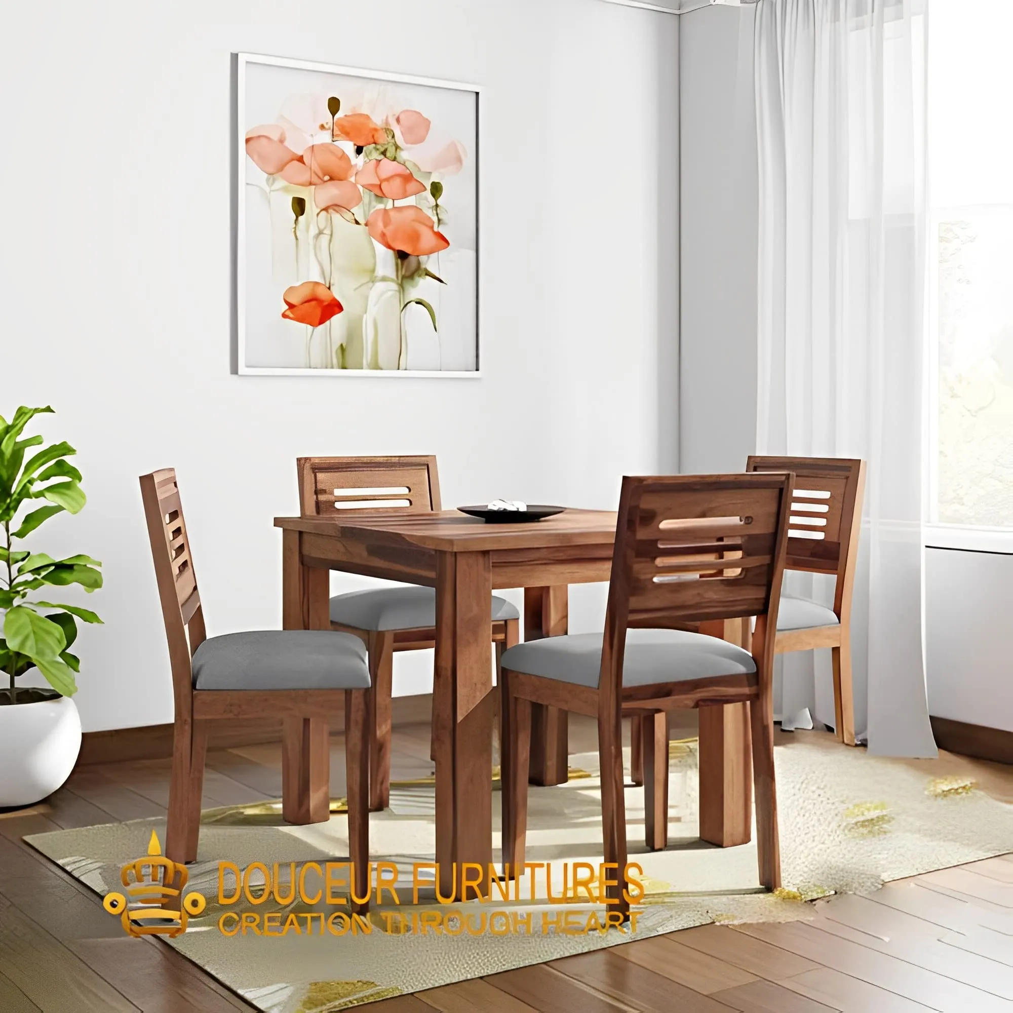 Douceur Furnitures Solid Sheesham Wood 4 Seater Dining Table Set with 4 Chairs for Dining Room & Restaurant | Finish:- Natural Teak | | Cushions:-Grey |