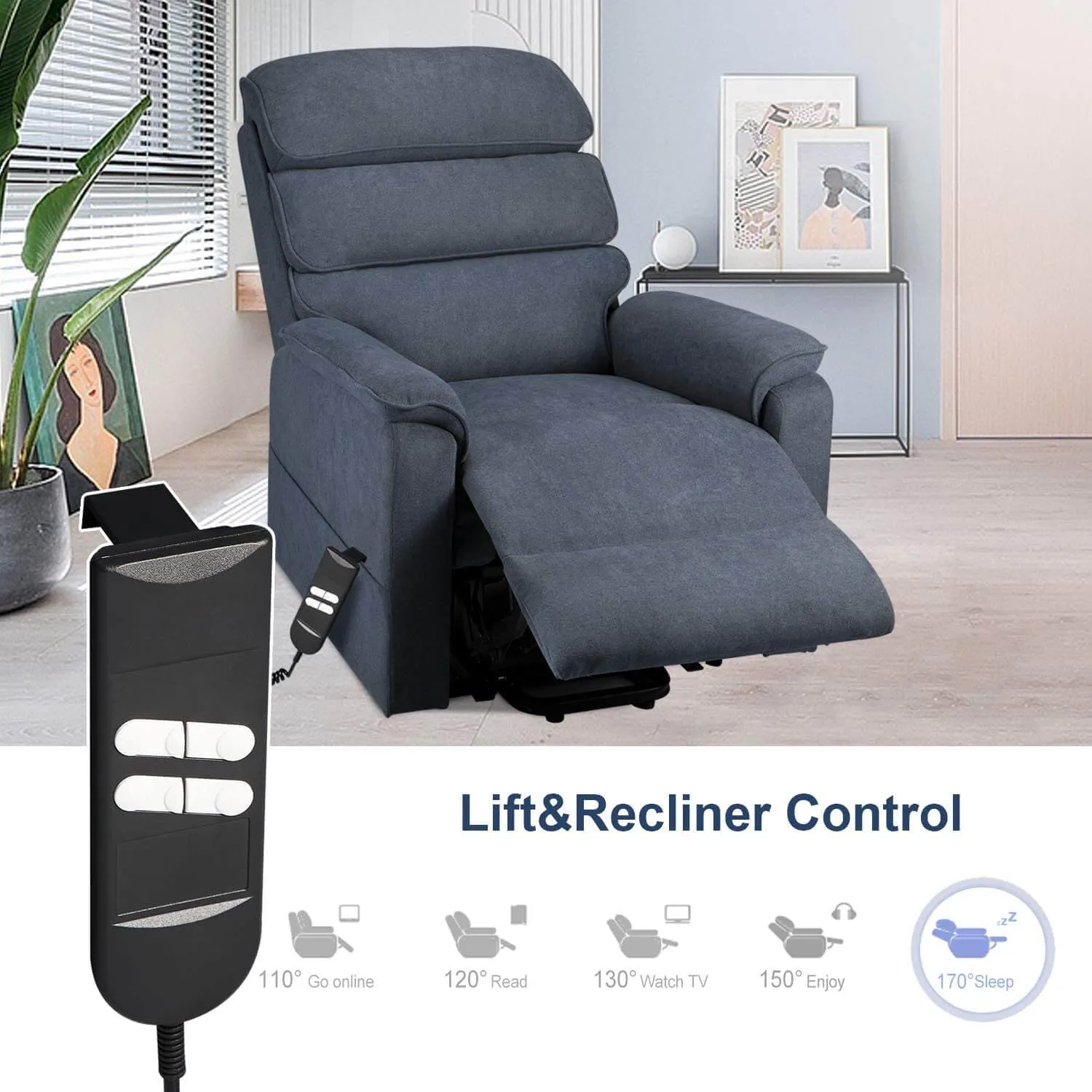 Dual Motor Electric Power Recliner Lift Chair Linen Fabric Electric Recliner for Elderly, Heated Vibration Massage Sofa with Remote Control, Blue