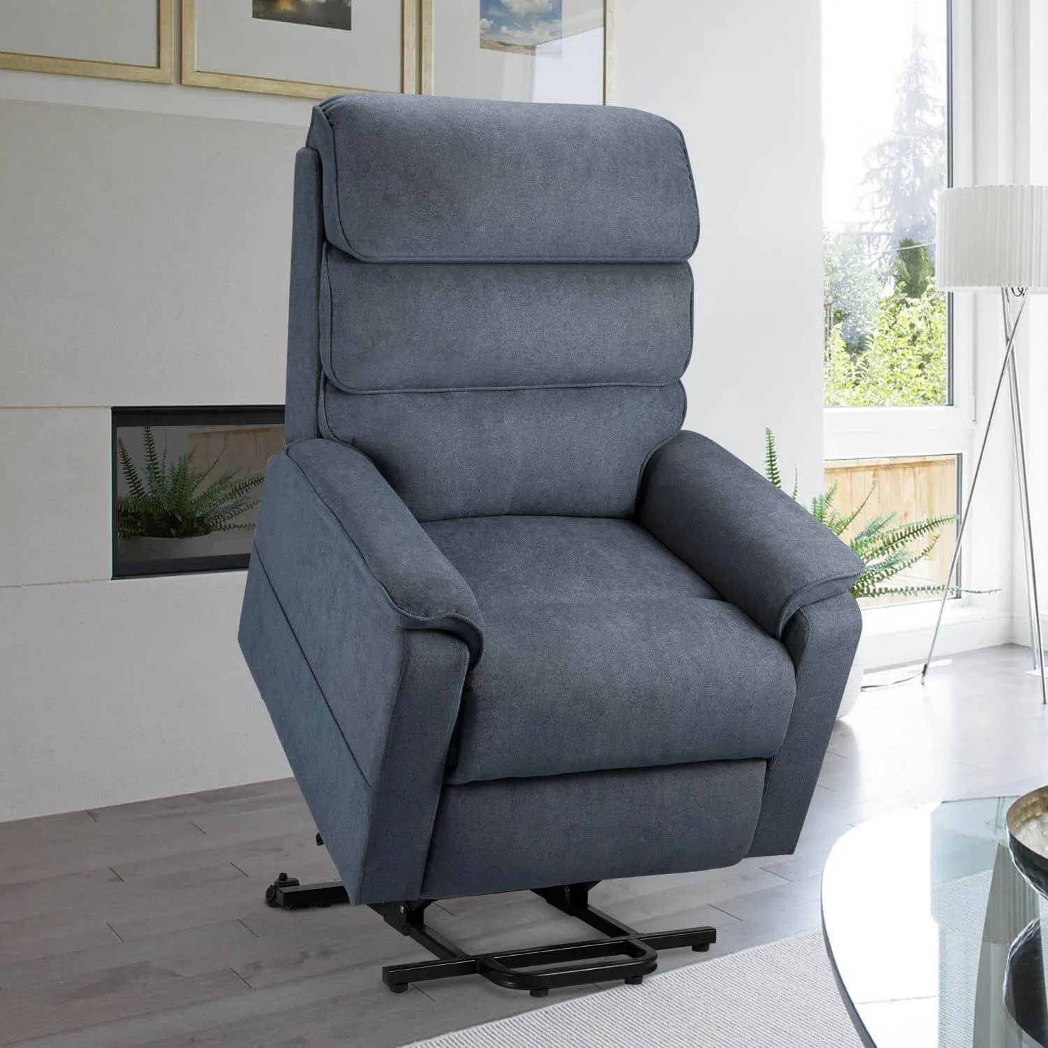 Dual Motor Electric Power Recliner Lift Chair Linen Fabric Electric Recliner for Elderly, Heated Vibration Massage Sofa with Remote Control, Blue