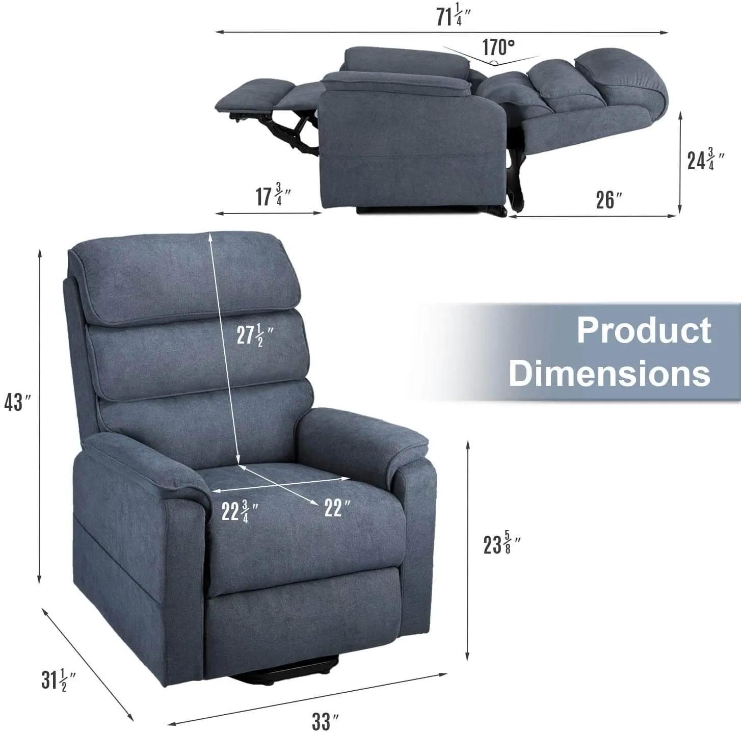 Dual Motor Electric Power Recliner Lift Chair Linen Fabric Electric Recliner for Elderly, Heated Vibration Massage Sofa with Remote Control, Blue