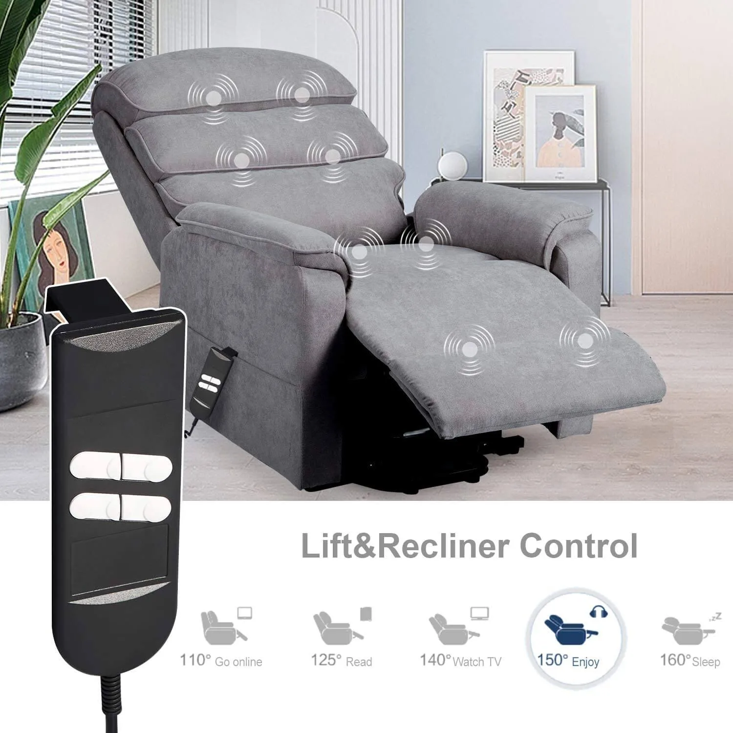 Dual Motor Electric Power Recliner Lift Chair, Linen Fabric Electric Recliner for Elderly, Heated Vibration Massage Sofa with Remote Control, Gray