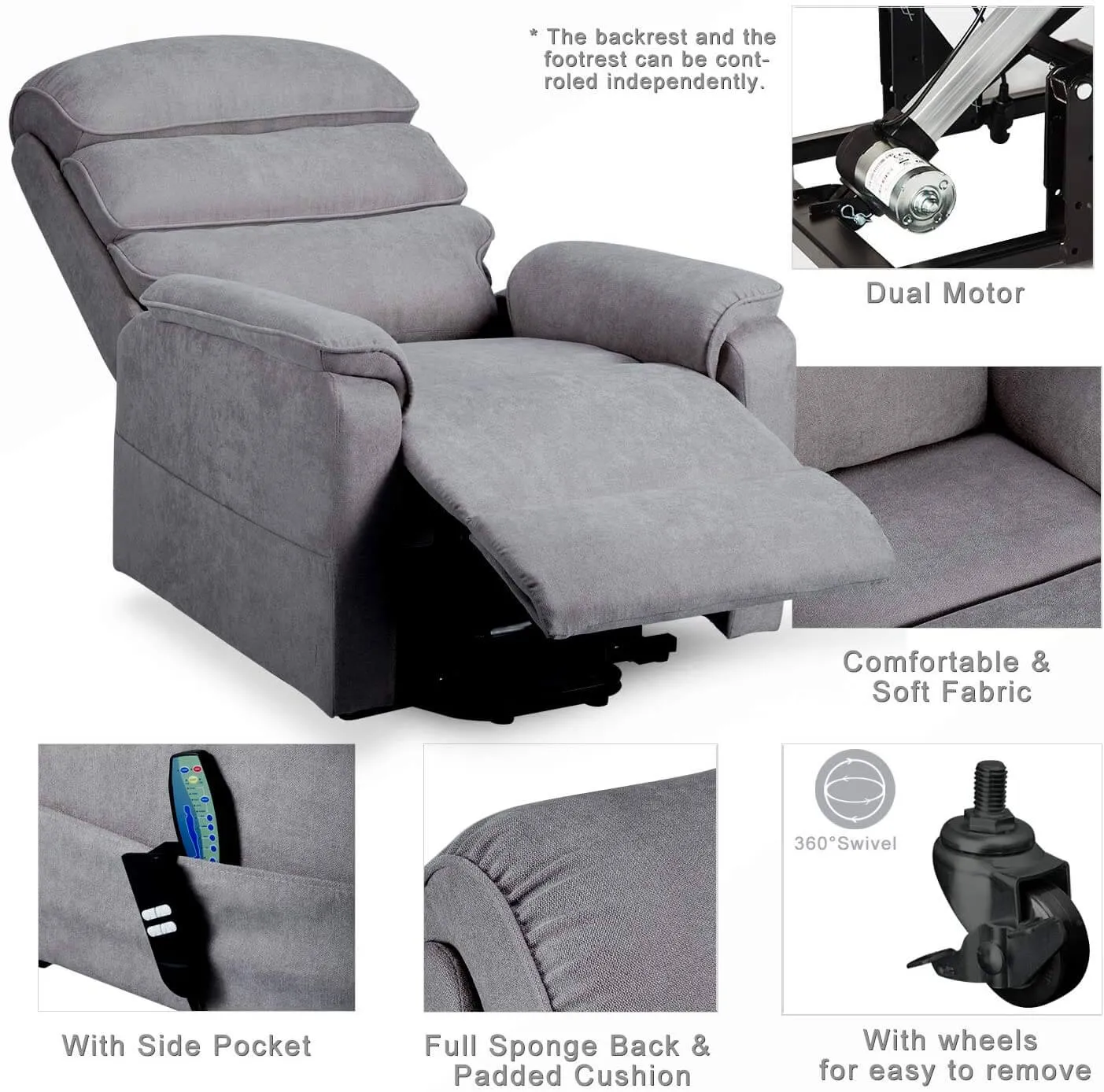 Dual Motor Electric Power Recliner Lift Chair, Linen Fabric Electric Recliner for Elderly, Heated Vibration Massage Sofa with Remote Control, Gray