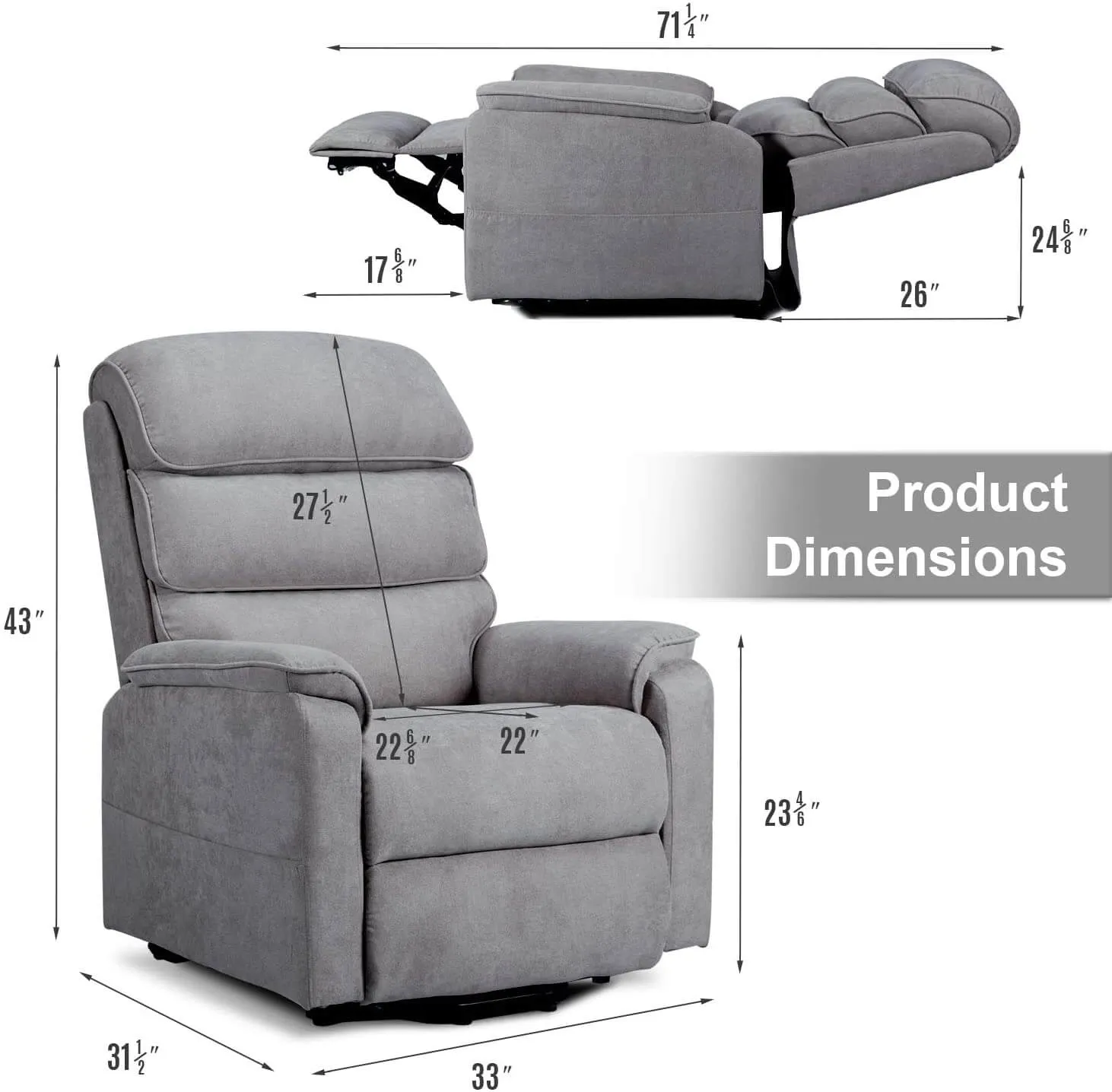 Dual Motor Electric Power Recliner Lift Chair, Linen Fabric Electric Recliner for Elderly, Heated Vibration Massage Sofa with Remote Control, Gray