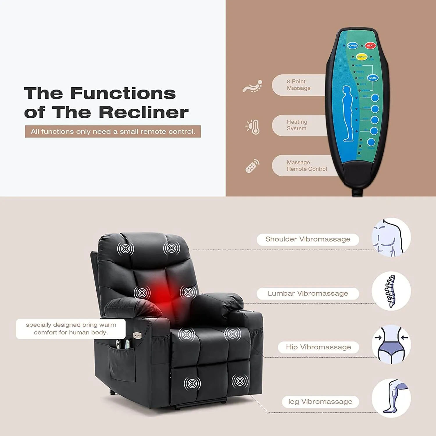 Electric Power Lift Chair Recliner Sofa for Elderly with Vibration Massage & Lumbar Heated, 2 Side Pockets & Cup Holders(Black)