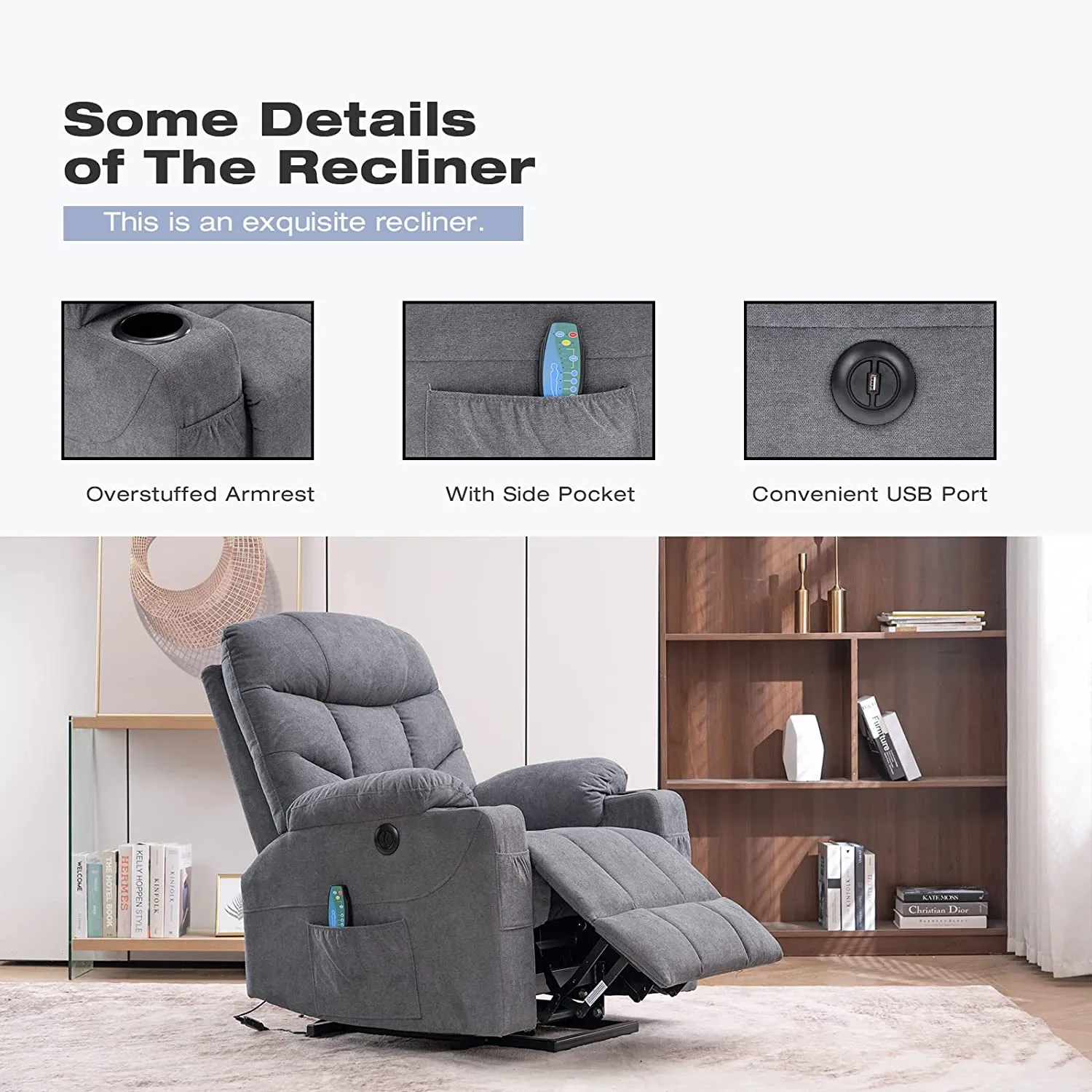 Electric Power Lift Chair Recliner Sofa for Elderly with Vibration Massage & Lumbar Heated, 2 Side Pockets & Cup Holders(Grey Blue)