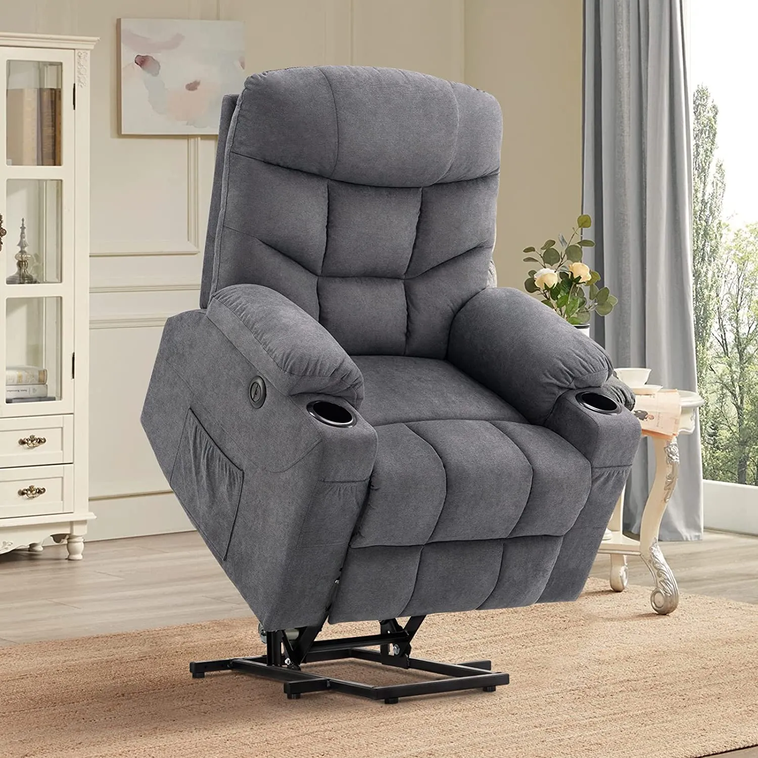 Electric Power Lift Chair Recliner Sofa for Elderly with Vibration Massage & Lumbar Heated, 2 Side Pockets & Cup Holders(Grey Blue)