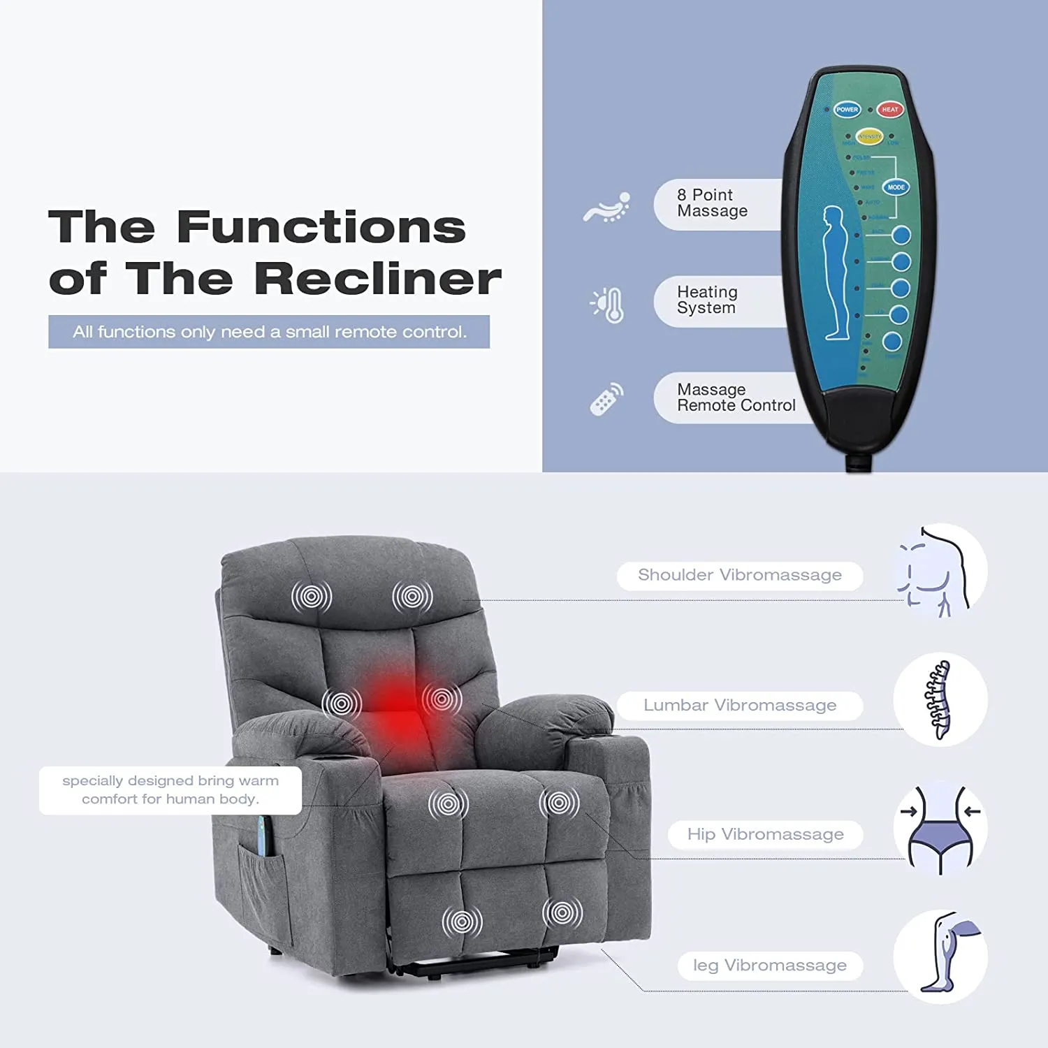 Electric Power Lift Chair Recliner Sofa for Elderly with Vibration Massage & Lumbar Heated, 2 Side Pockets & Cup Holders(Grey Blue)