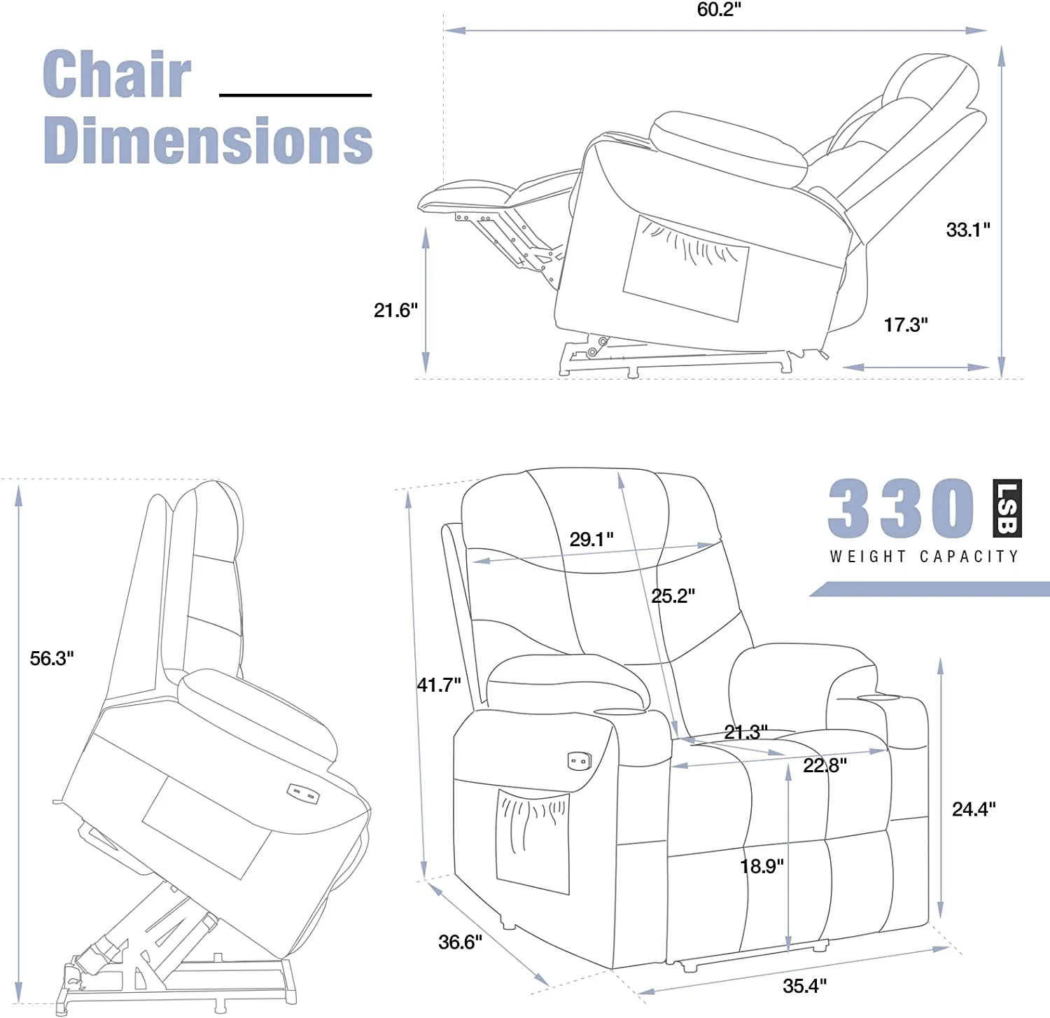 Electric Power Lift Chair Recliner Sofa for Elderly with Vibration Massage & Lumbar Heated, 2 Side Pockets & Cup Holders(Grey Blue)