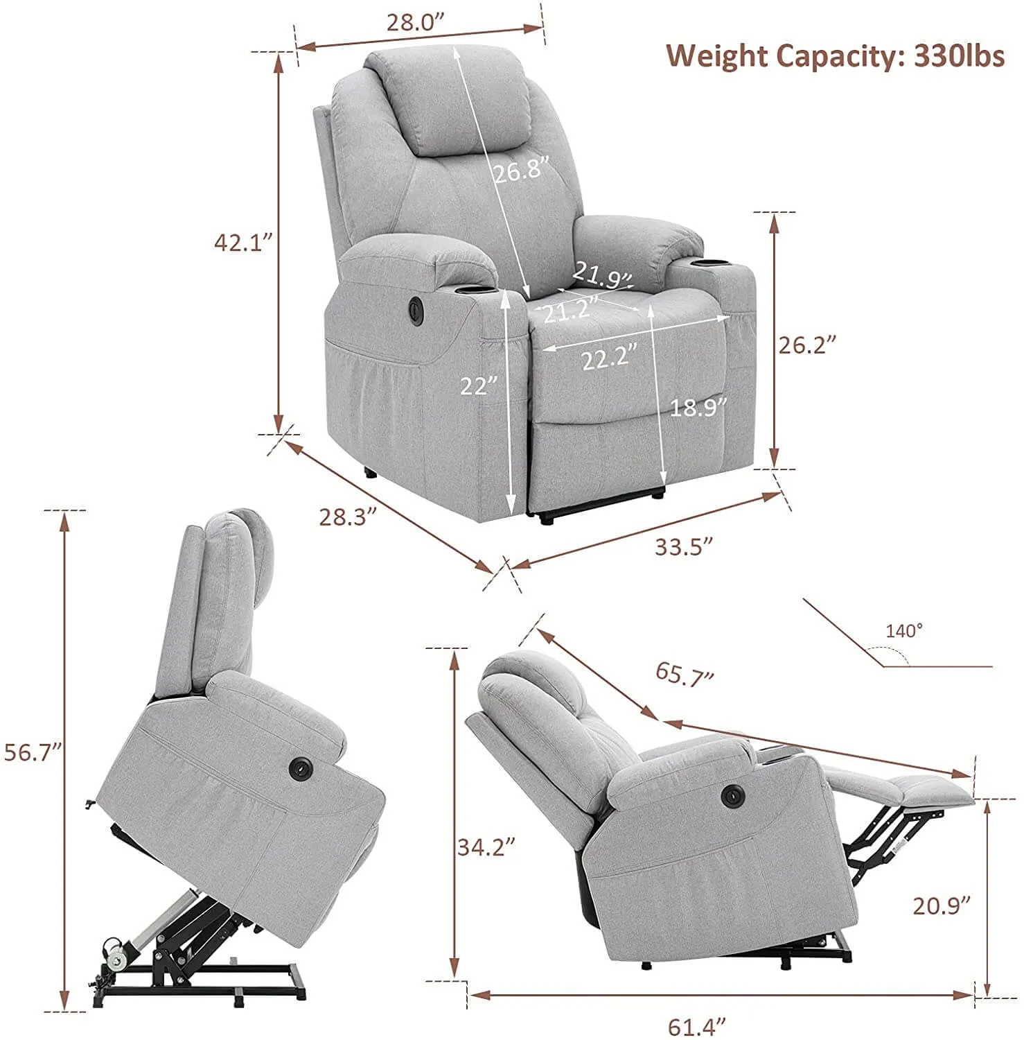 Electric Power Recliner Lift Chair Fabric Electric Recliner for Elderly, Heated Vibration Massage Sofa with Side Pockets, USB Charge Port & Remote Control(Gray)