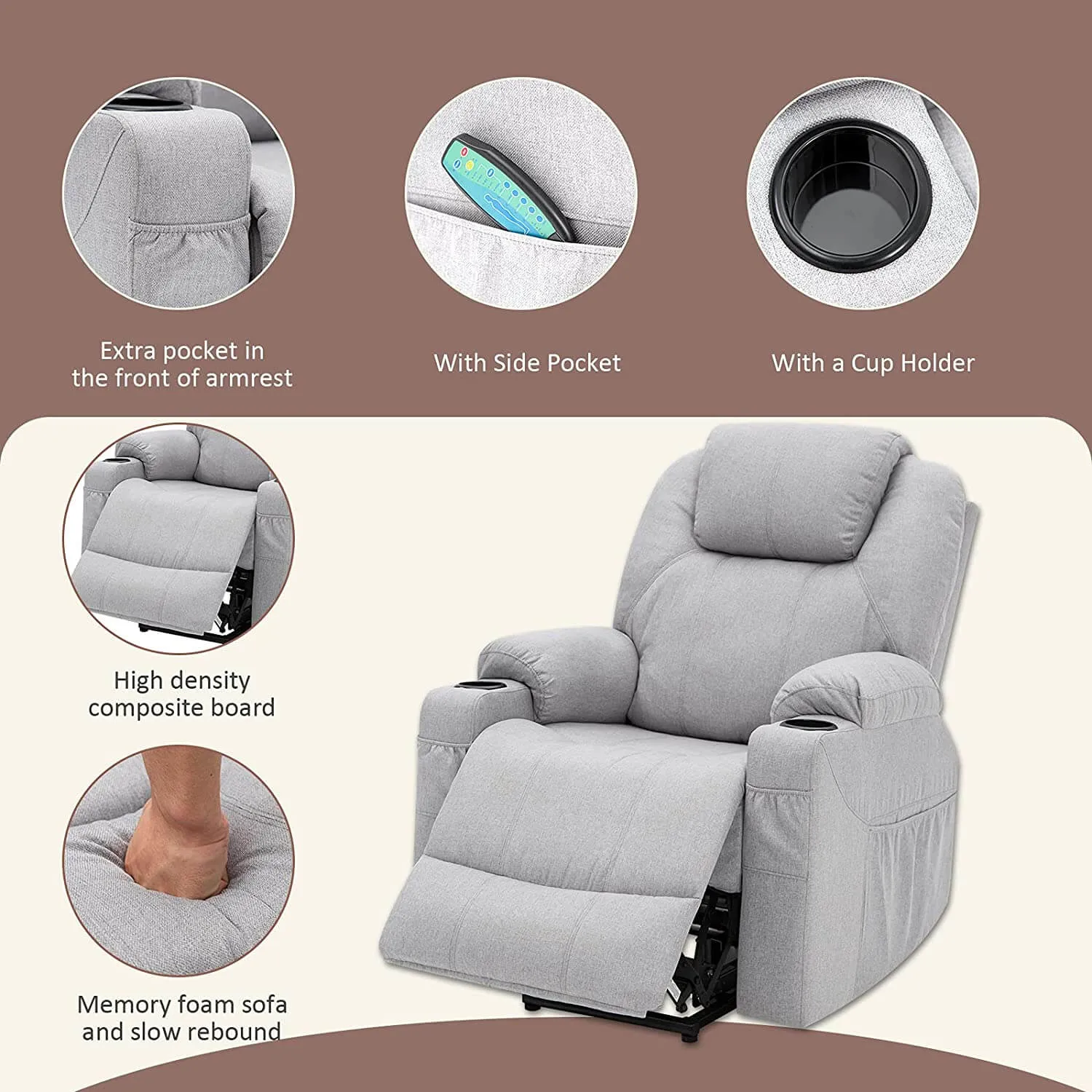 Electric Power Recliner Lift Chair Fabric Electric Recliner for Elderly, Heated Vibration Massage Sofa with Side Pockets, USB Charge Port & Remote Control(Gray)