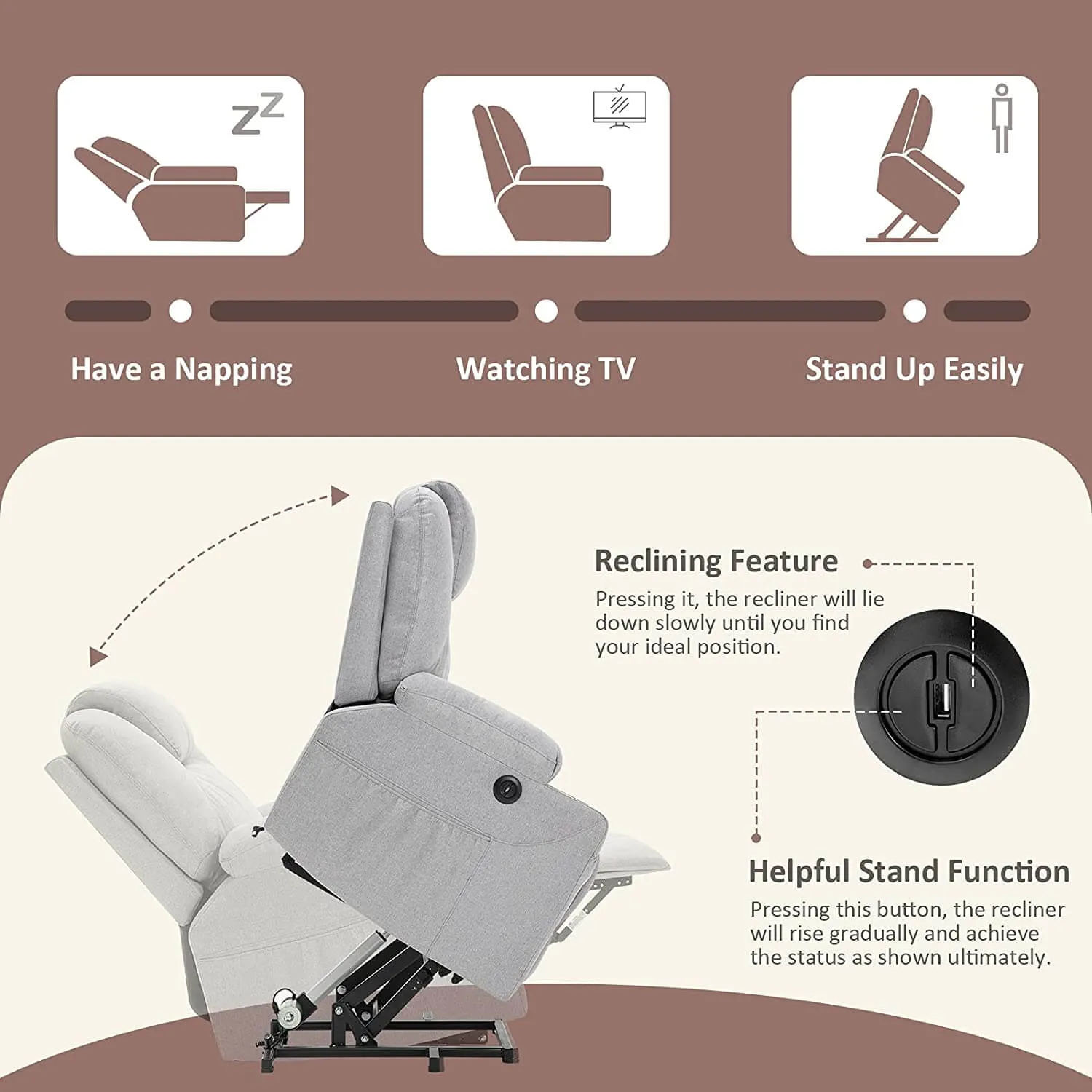 Electric Power Recliner Lift Chair Fabric Electric Recliner for Elderly, Heated Vibration Massage Sofa with Side Pockets, USB Charge Port & Remote Control(Gray)