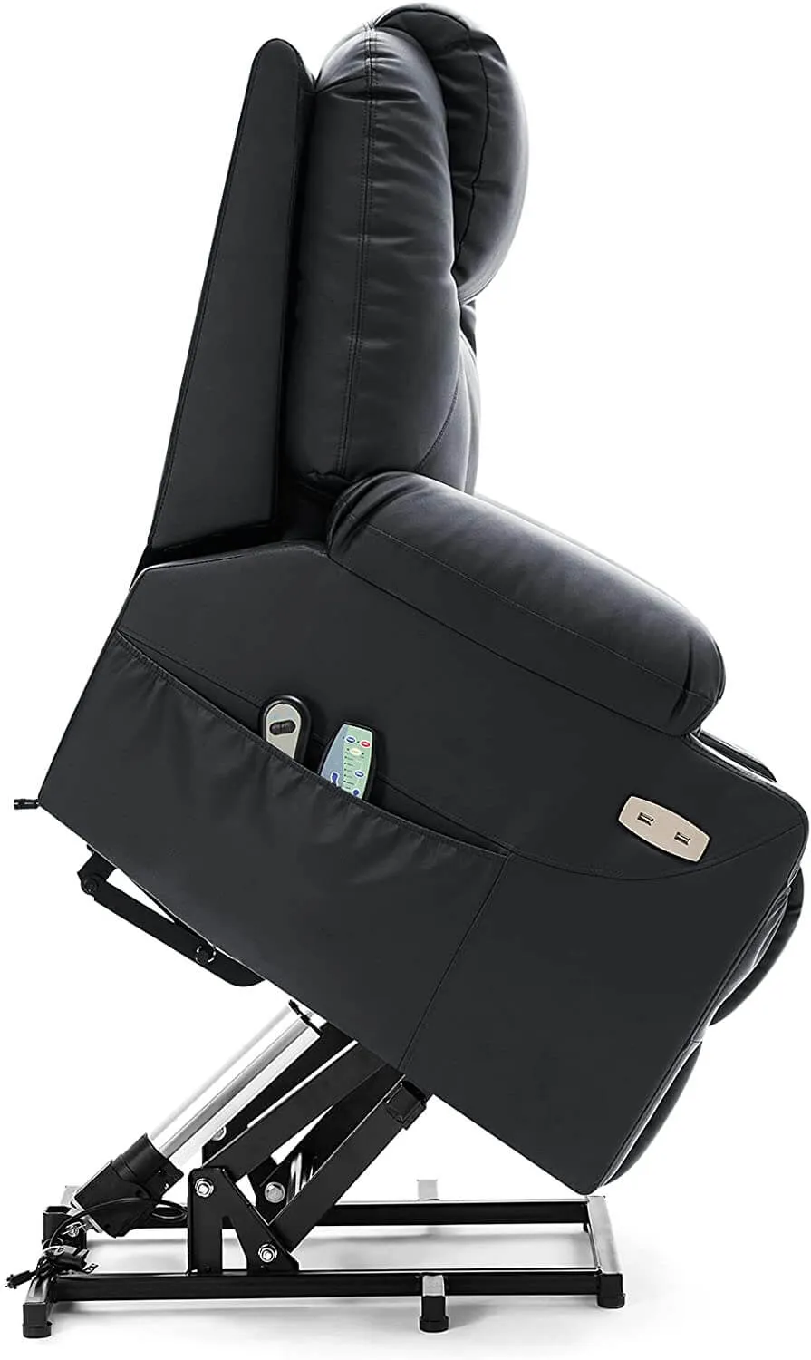 Electric Power Recliner Lift Chair Faux Leather Electric Recliner for Elderly, Heated Vibration Massage Sofa with Side Pockets, USB Charge Port & Remote Control(Black)