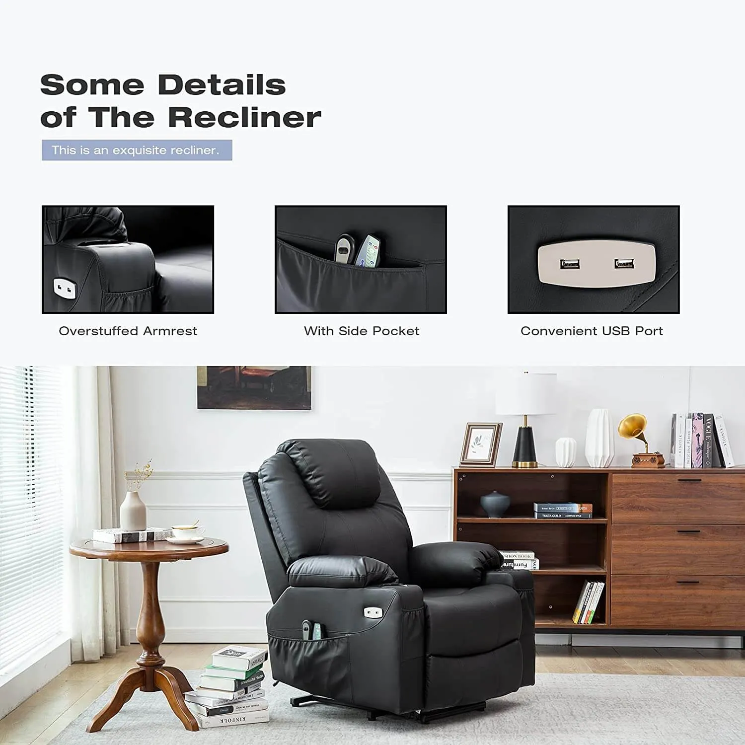 Electric Power Recliner Lift Chair Faux Leather Electric Recliner for Elderly, Heated Vibration Massage Sofa with Side Pockets, USB Charge Port & Remote Control(Black)