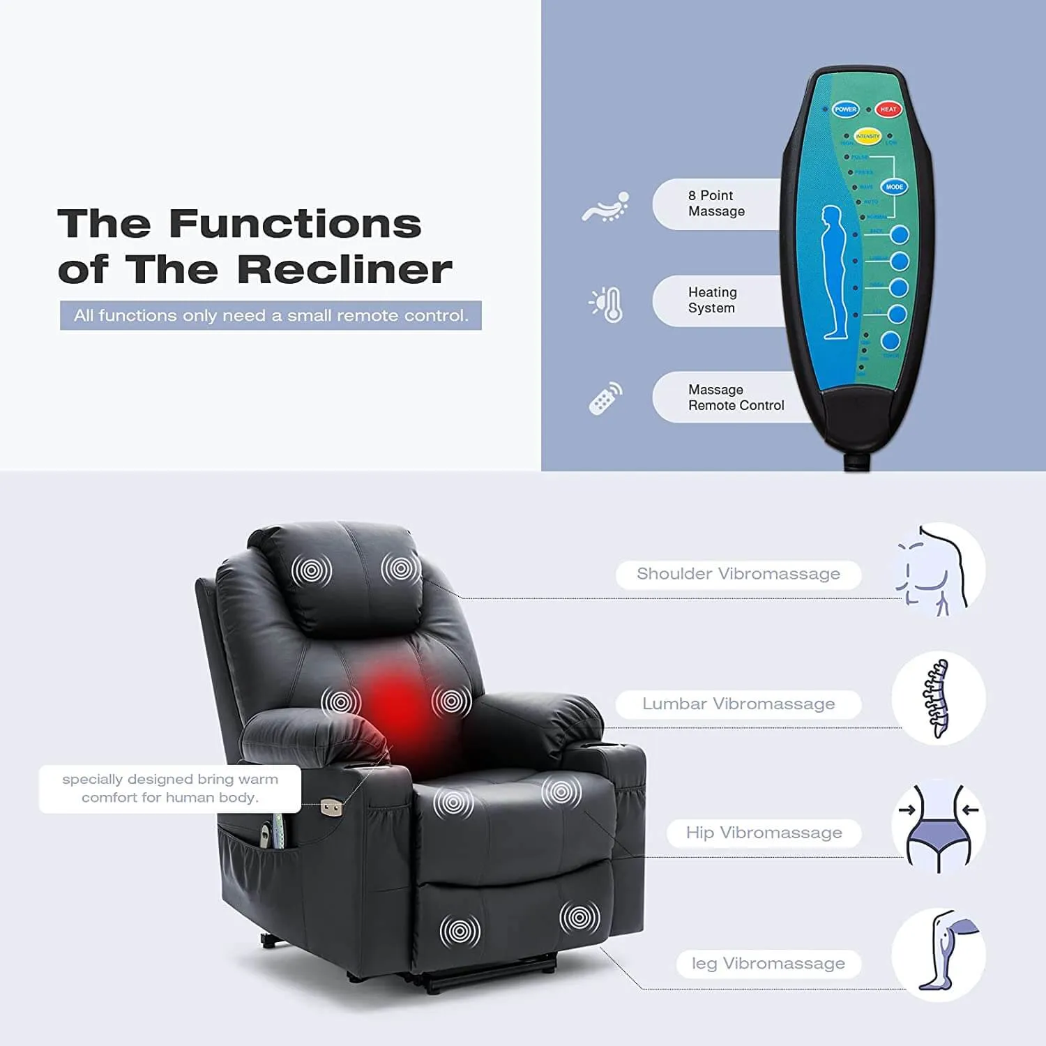 Electric Power Recliner Lift Chair Faux Leather Electric Recliner for Elderly, Heated Vibration Massage Sofa with Side Pockets, USB Charge Port & Remote Control(Black)