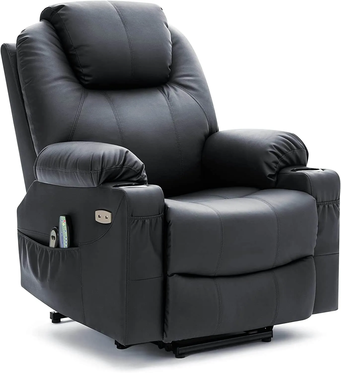 Electric Power Recliner Lift Chair Faux Leather Electric Recliner for Elderly, Heated Vibration Massage Sofa with Side Pockets, USB Charge Port & Remote Control(Black)