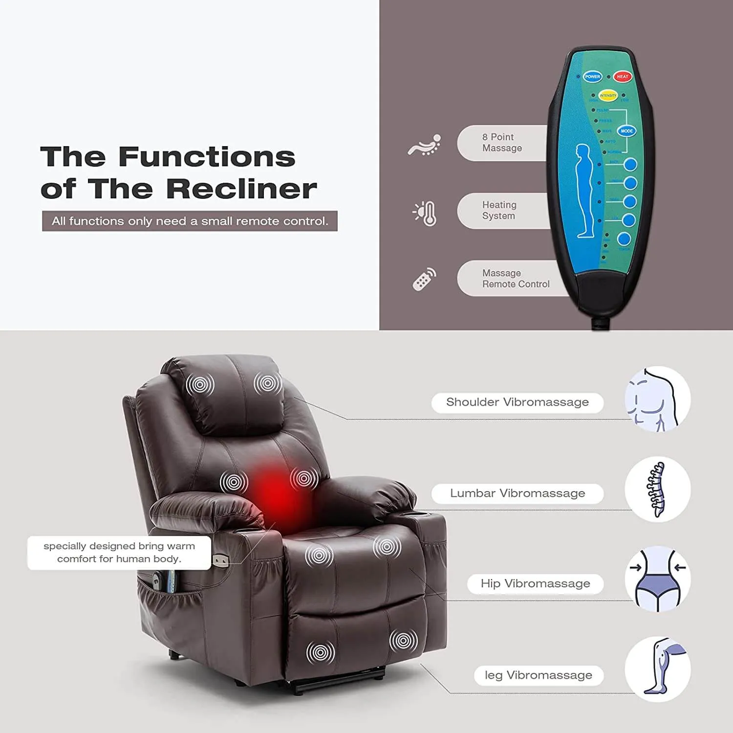 Electric Power Recliner Lift Chair Faux Leather Electric Recliner for Elderly, Heated Vibration Massage Sofa with Side Pockets, USB Charge Port & Remote Control(Brown)