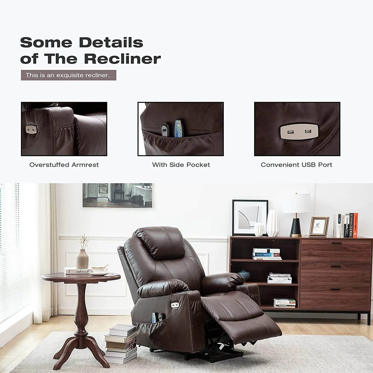 Electric Power Recliner Lift Chair Faux Leather Electric Recliner for Elderly, Heated Vibration Massage Sofa with Side Pockets, USB Charge Port & Remote Control(Brown)