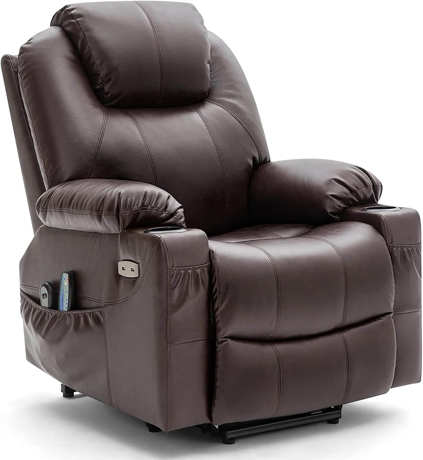 Electric Power Recliner Lift Chair Faux Leather Electric Recliner for Elderly, Heated Vibration Massage Sofa with Side Pockets, USB Charge Port & Remote Control(Brown)