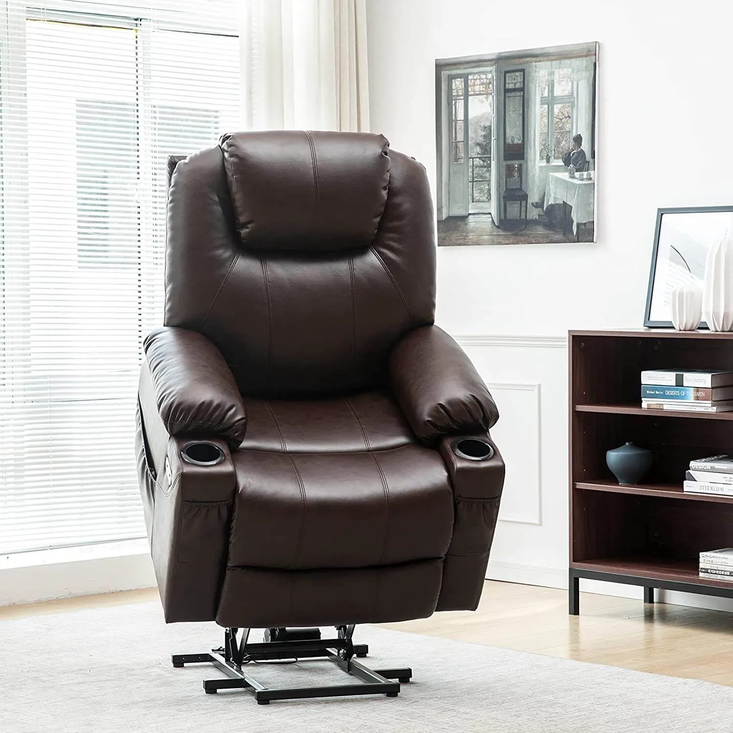 Electric Power Recliner Lift Chair Faux Leather Electric Recliner for Elderly, Heated Vibration Massage Sofa with Side Pockets, USB Charge Port & Remote Control(Brown)