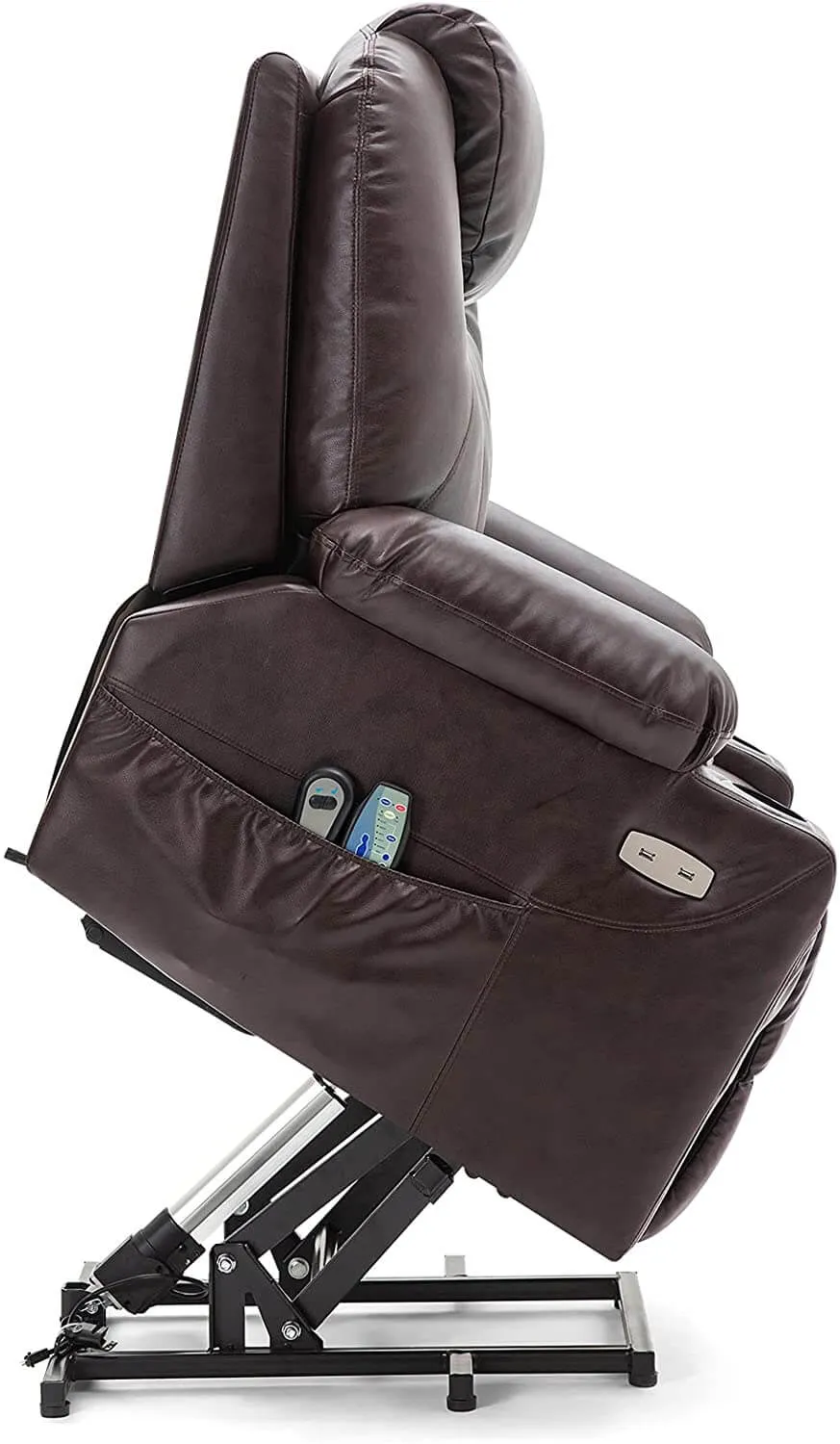 Electric Power Recliner Lift Chair Faux Leather Electric Recliner for Elderly, Heated Vibration Massage Sofa with Side Pockets, USB Charge Port & Remote Control(Brown)