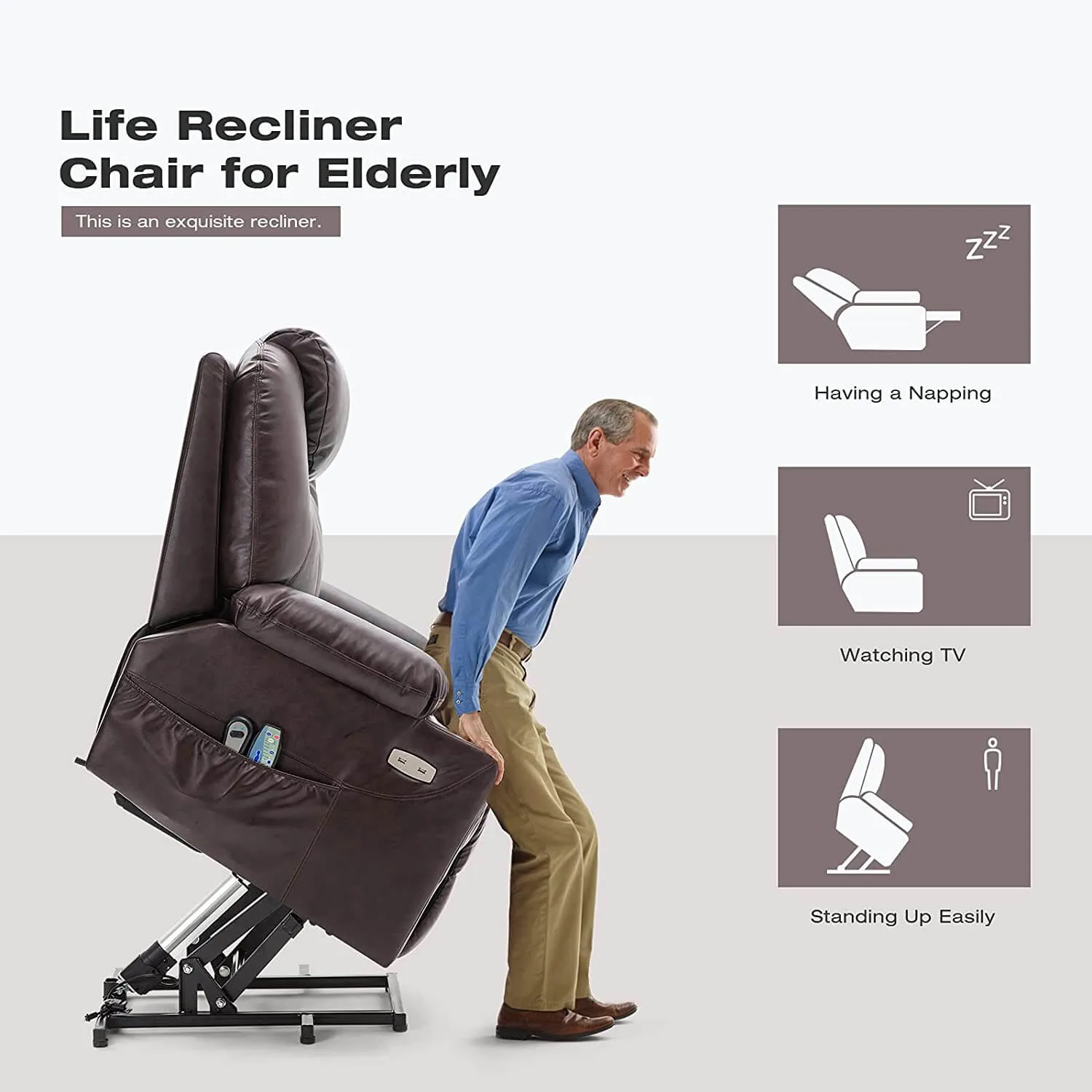 Electric Power Recliner Lift Chair Faux Leather Electric Recliner for Elderly, Heated Vibration Massage Sofa with Side Pockets, USB Charge Port & Remote Control(Brown)