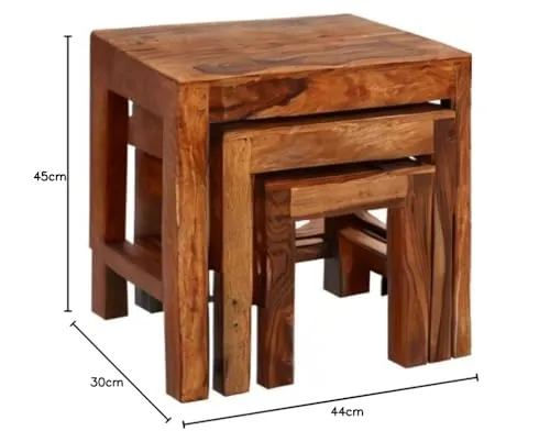 Fine Wood HUB Solid Sheesham Wood Nesting Table Set of 3 Stools Wooden Nesting Table | Bedside Table | Side Table | Living Room | Sofa Side Table Teak Wood Furniture Nesting Table| Honey Finish