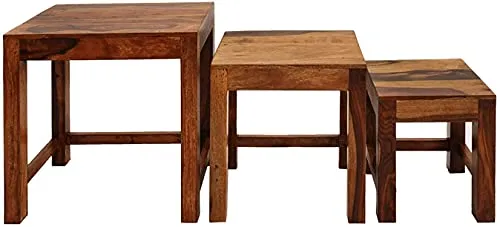 Fine Wood HUB Solid Sheesham Wood Nesting Table Set of 3 Stools Wooden Nesting Table | Bedside Table | Side Table | Living Room | Sofa Side Table Teak Wood Furniture Nesting Table| Honey Finish